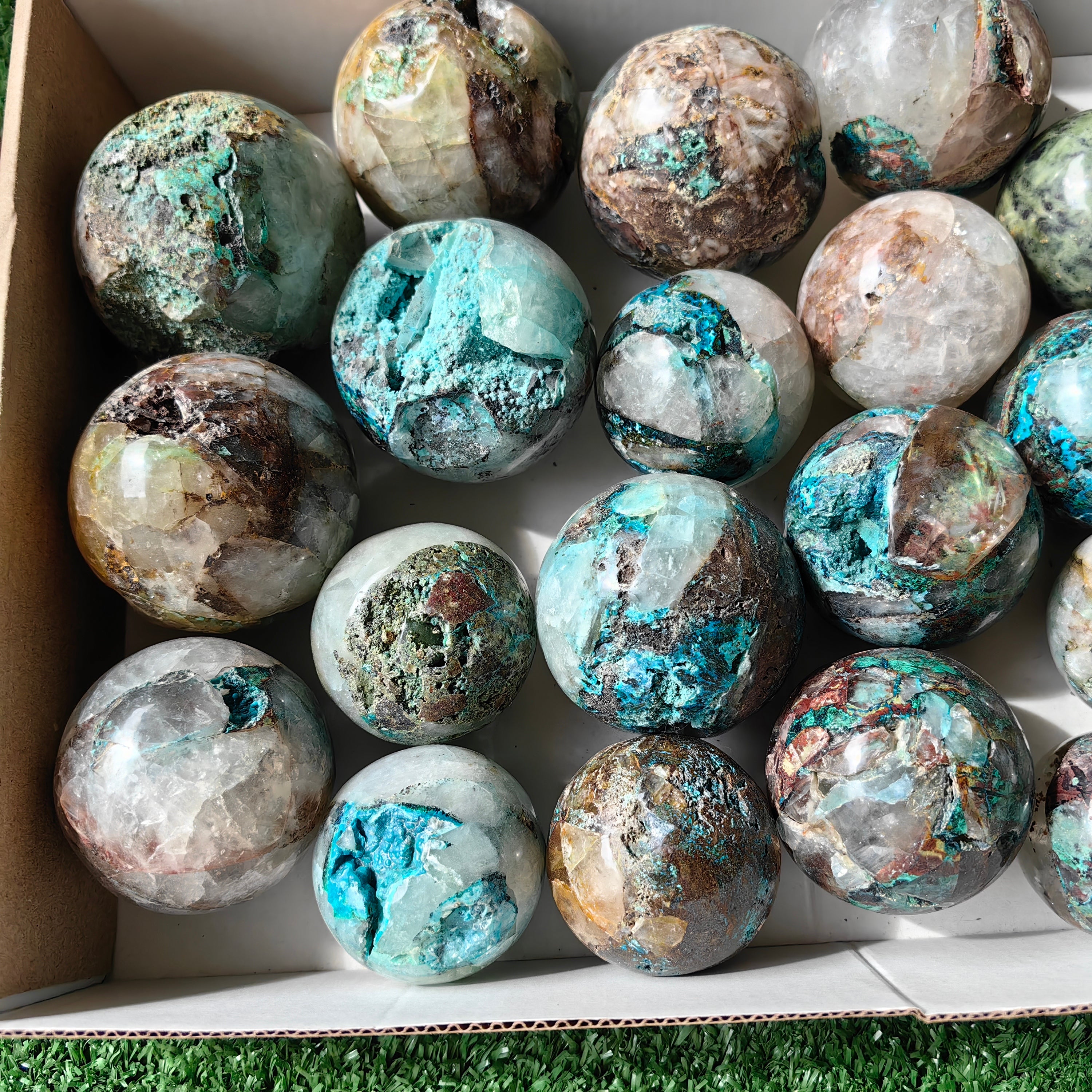 23 pc chrysocolla on quartz & nephrite spheres