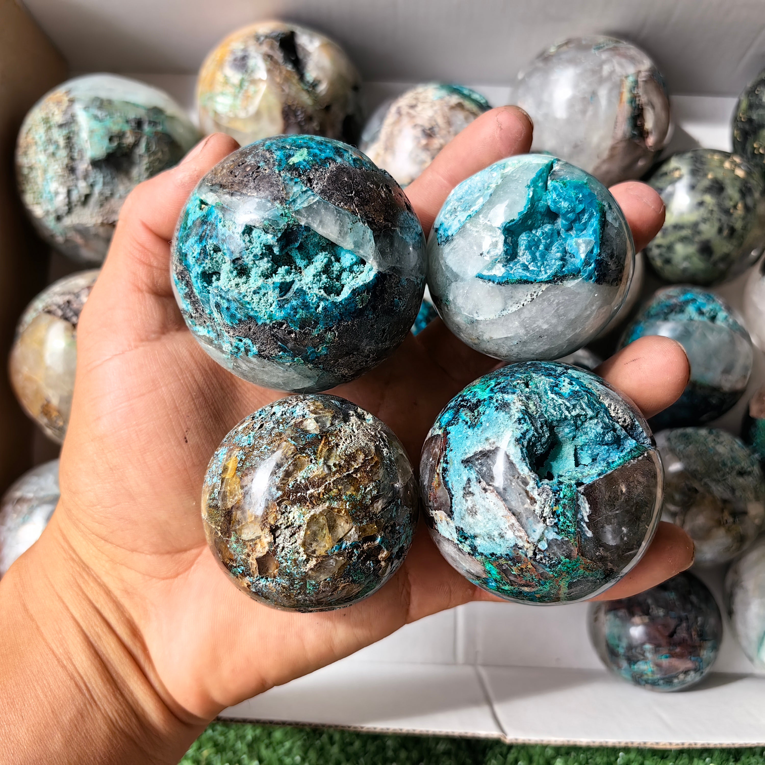 23 pc chrysocolla on quartz & nephrite spheres