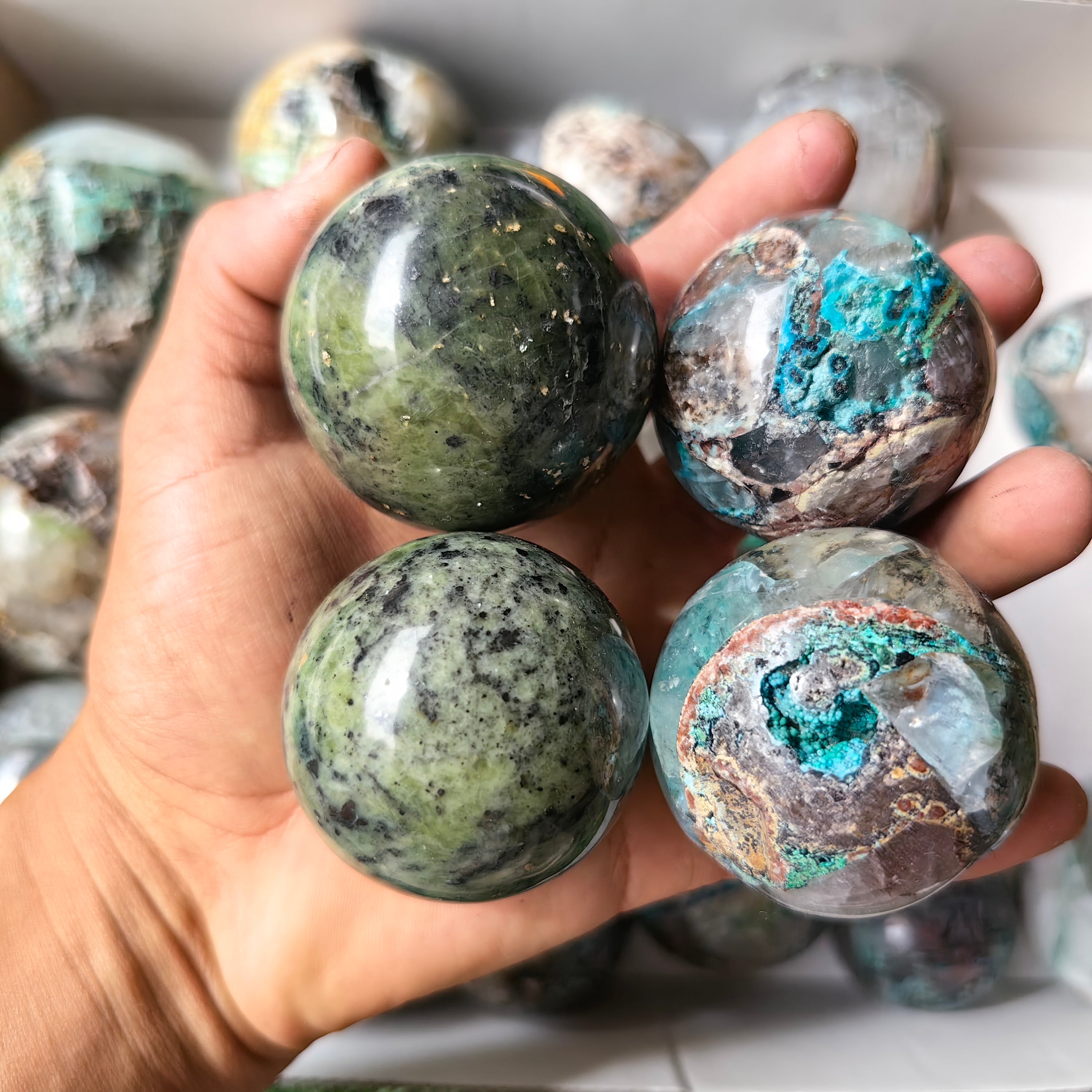 23 pc chrysocolla on quartz & nephrite spheres