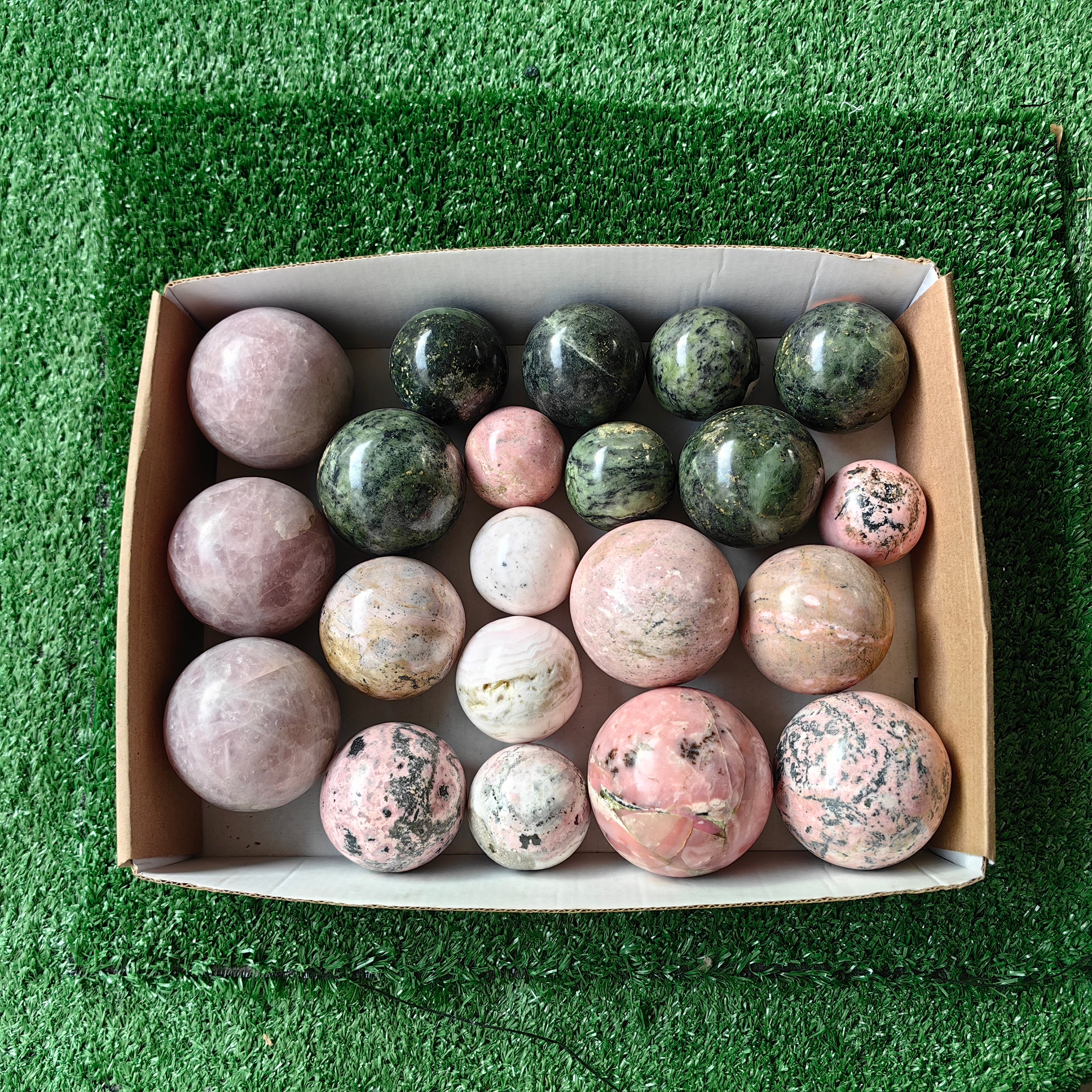 21 pc rose quartz, nephrite, rhodonite, mangano calcite & pink opal spheres