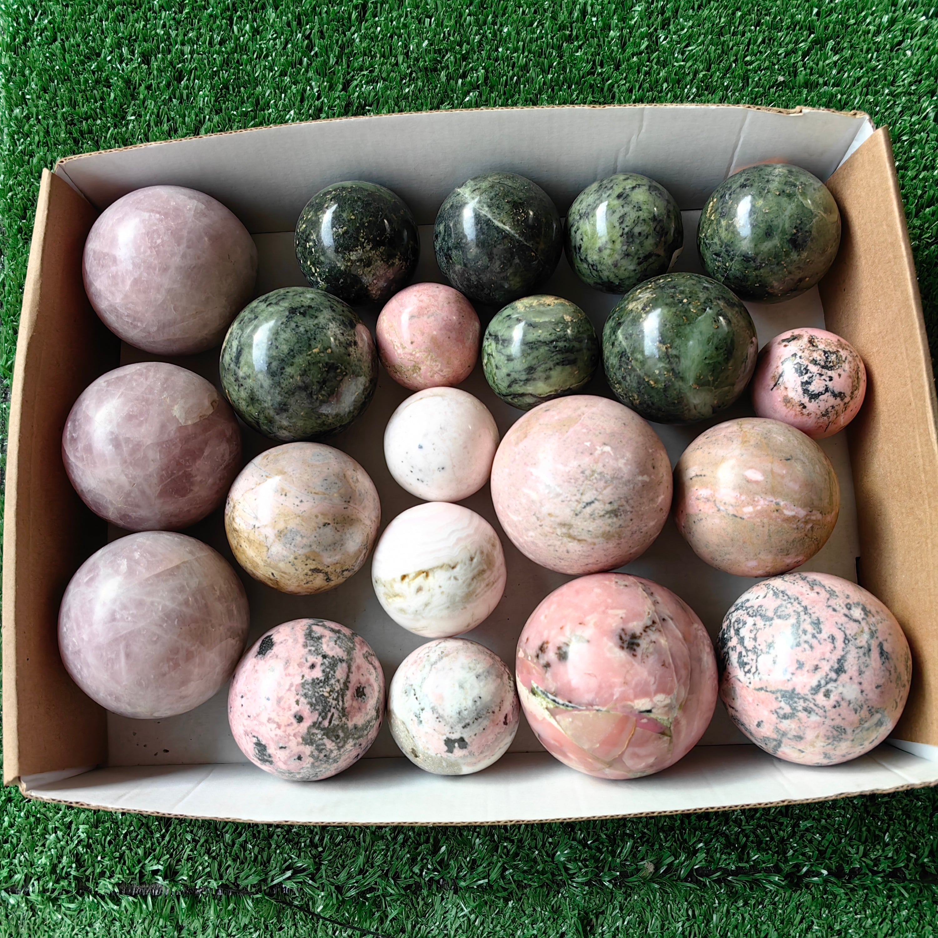 21 pc rose quartz, nephrite, rhodonite, mangano calcite & pink opal spheres
