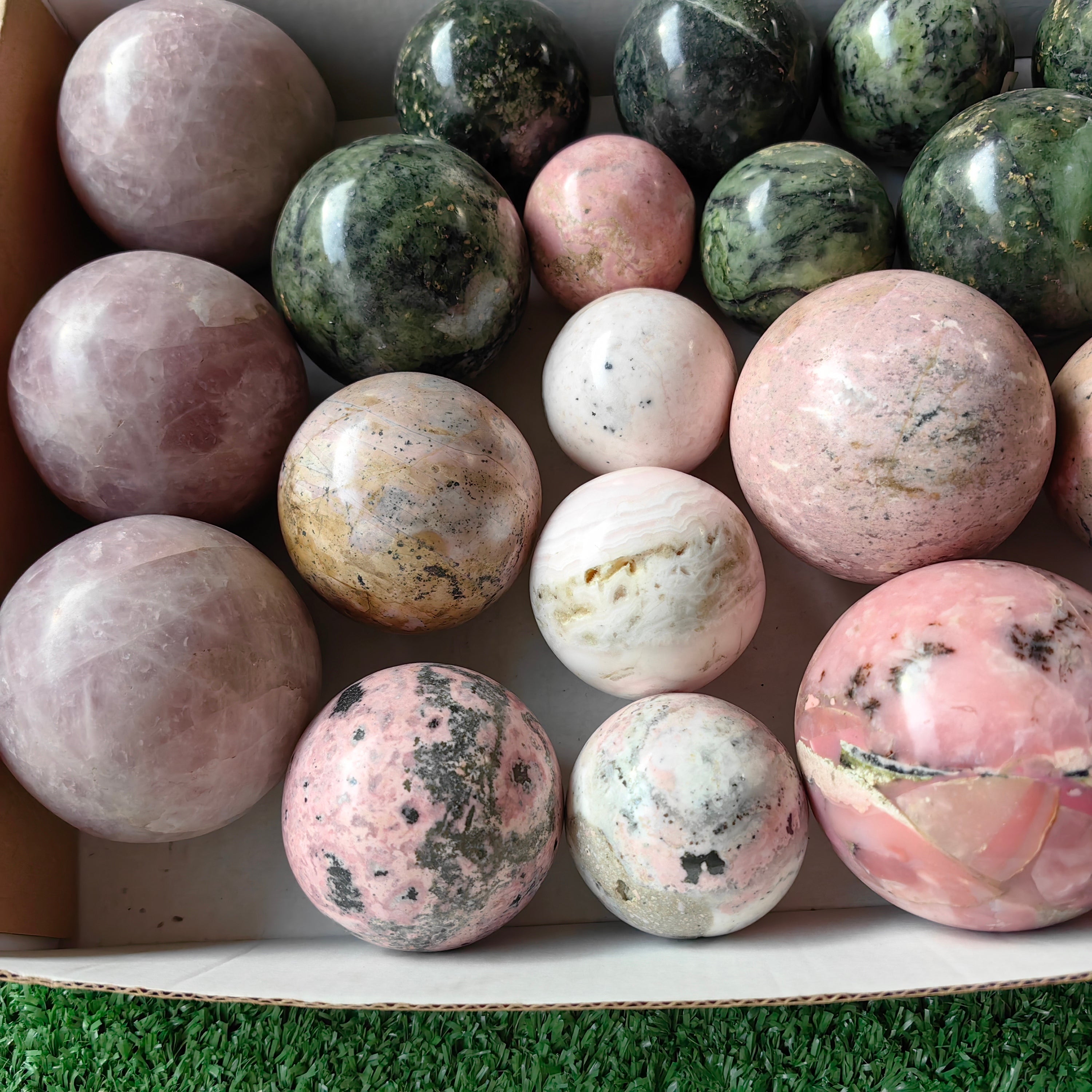 21 pc rose quartz, nephrite, rhodonite, mangano calcite & pink opal spheres