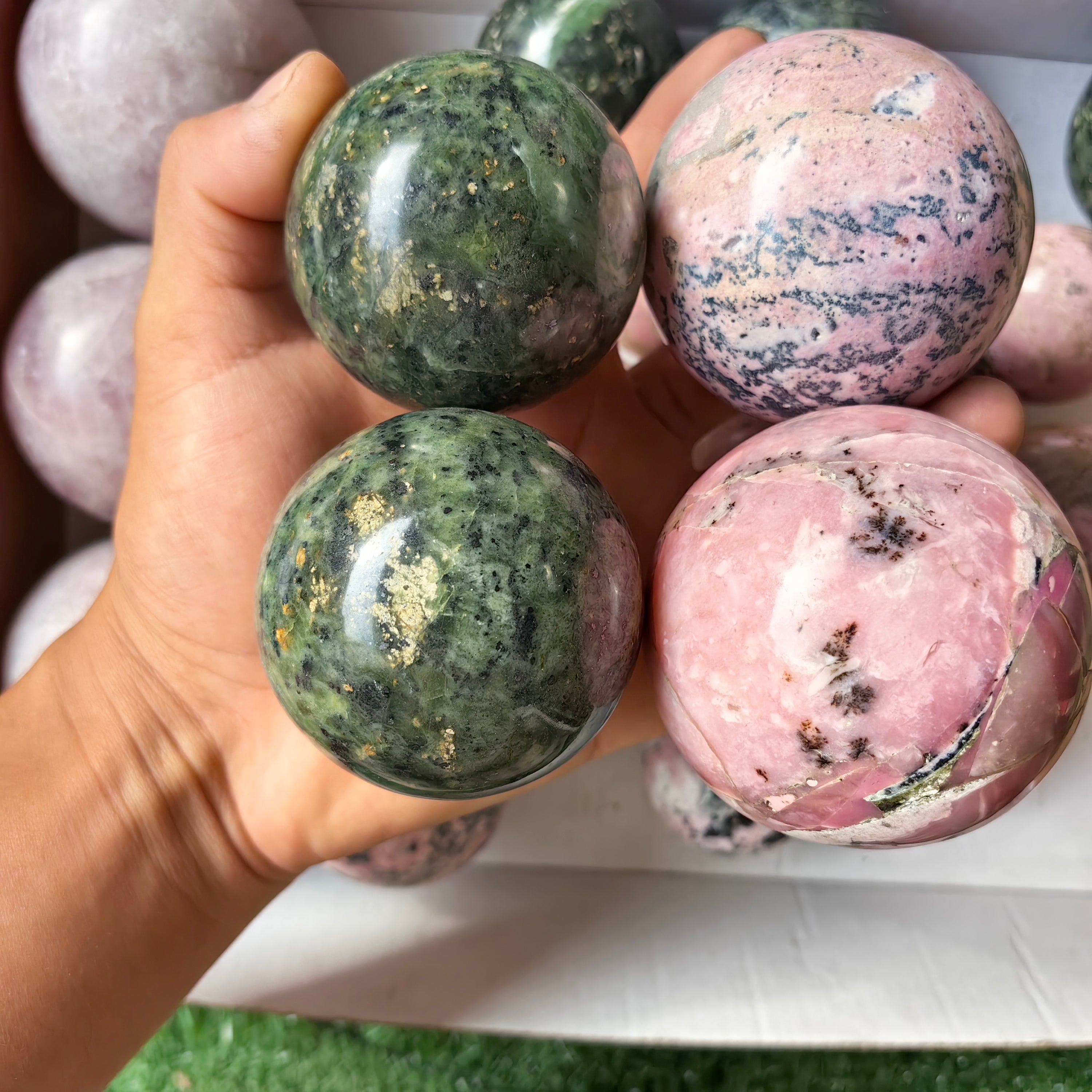 21 pc rose quartz, nephrite, rhodonite, mangano calcite & pink opal spheres