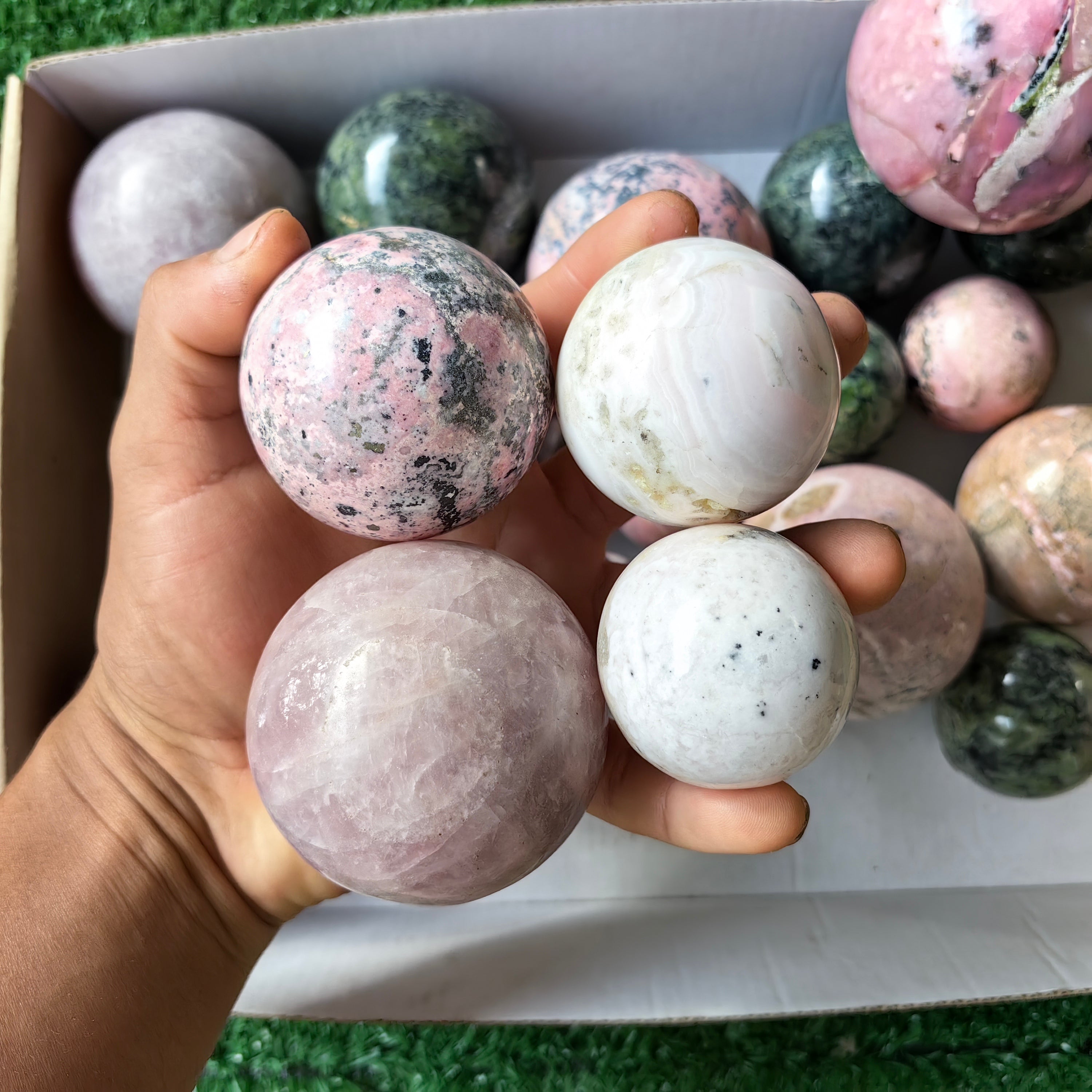21 pc rose quartz, nephrite, rhodonite, mangano calcite & pink opal spheres