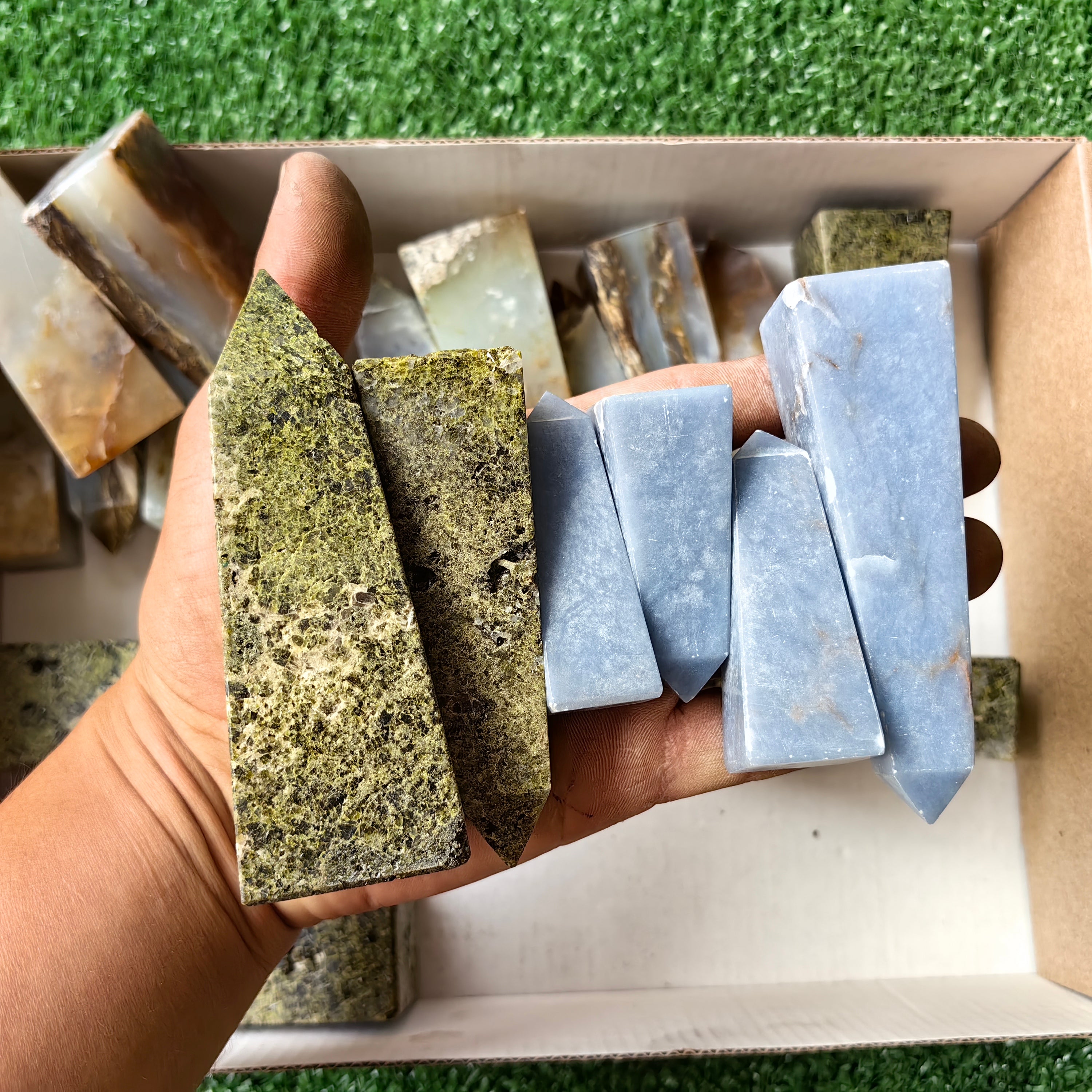 22 pc blue opal, angelite & epidote towers