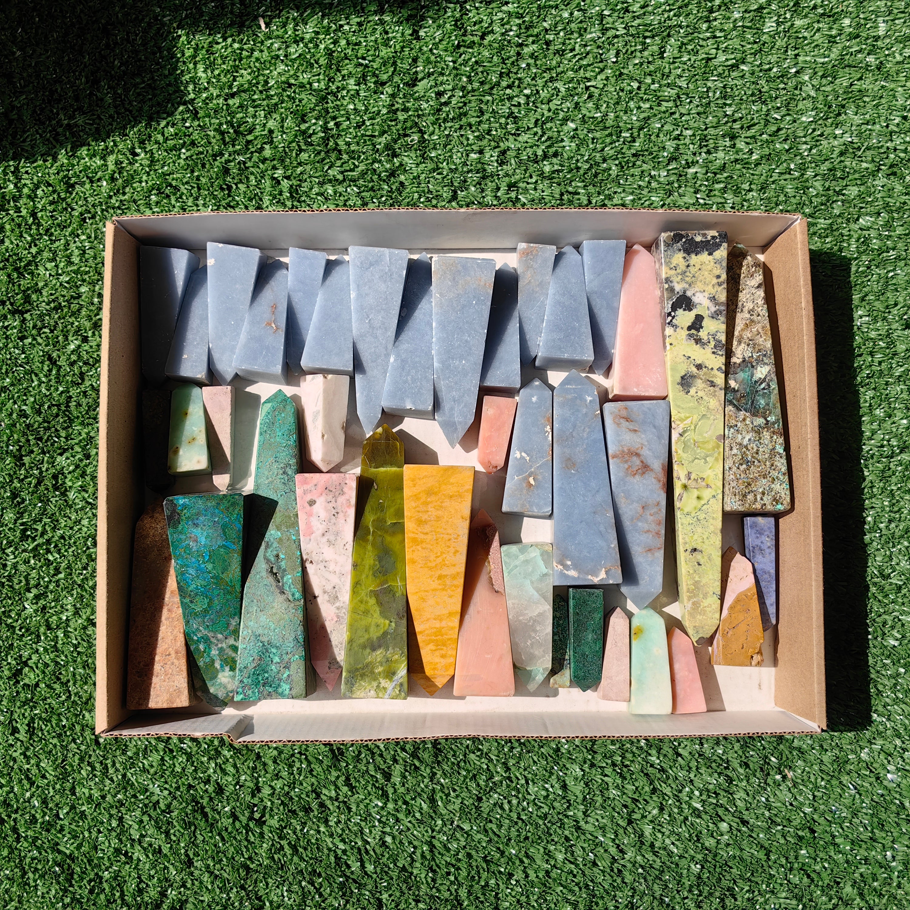 40 pc towers angelite, chrysocolla, pink opal & serpentine