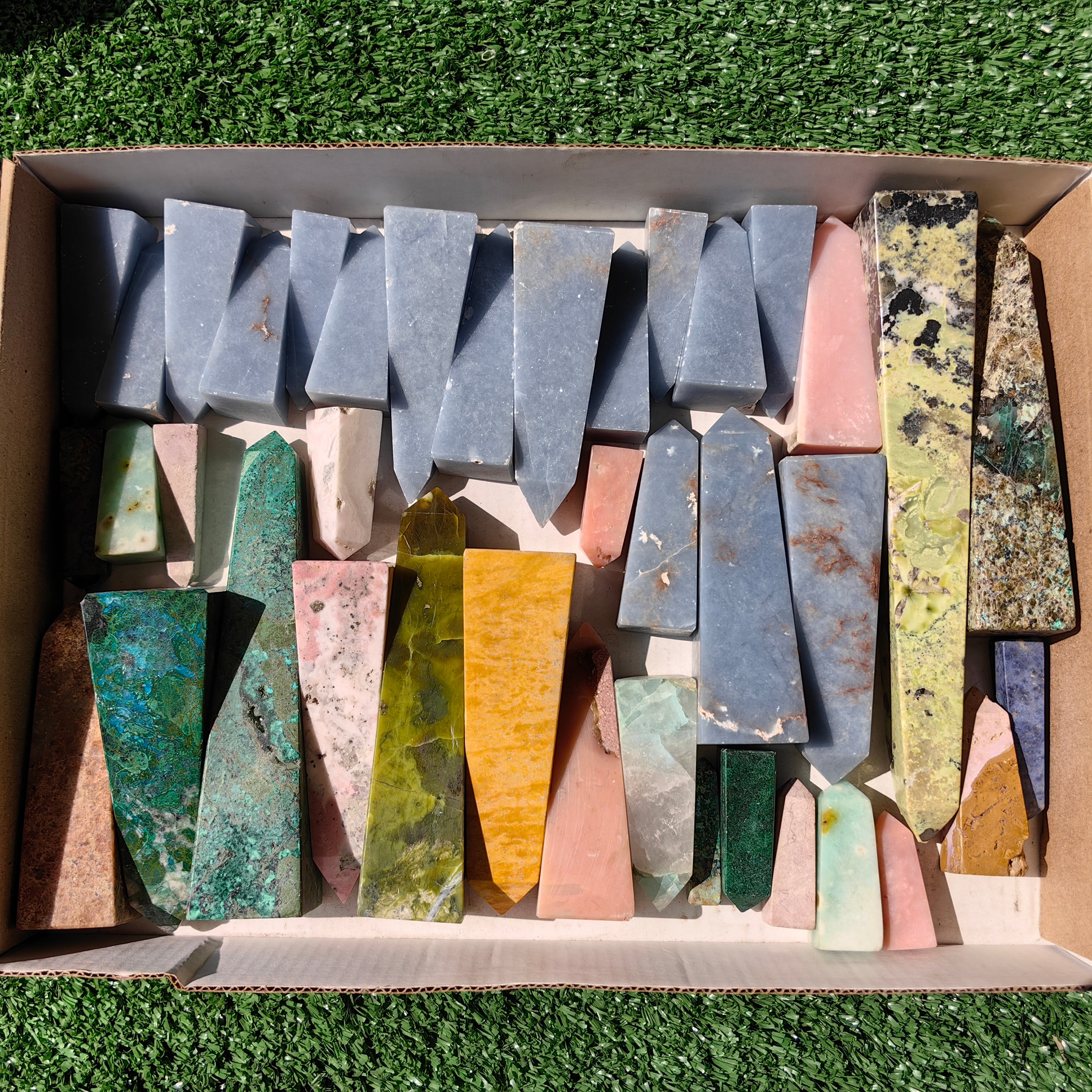 40 pc towers angelite, chrysocolla, pink opal & serpentine