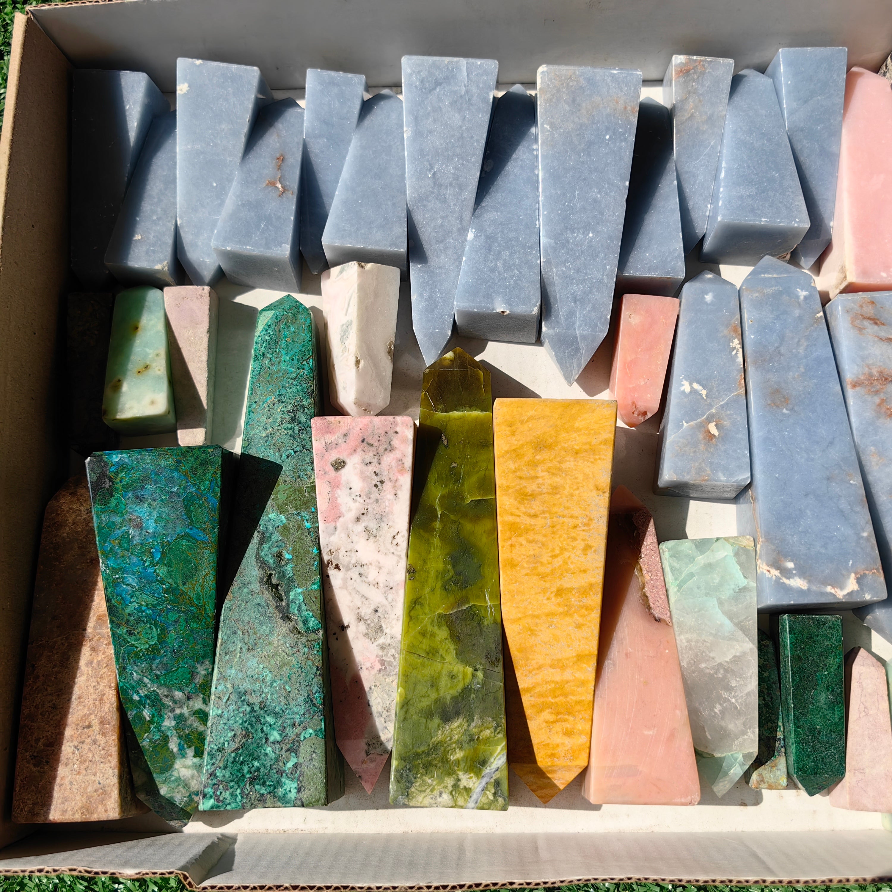 40 pc towers angelite, chrysocolla, pink opal & serpentine