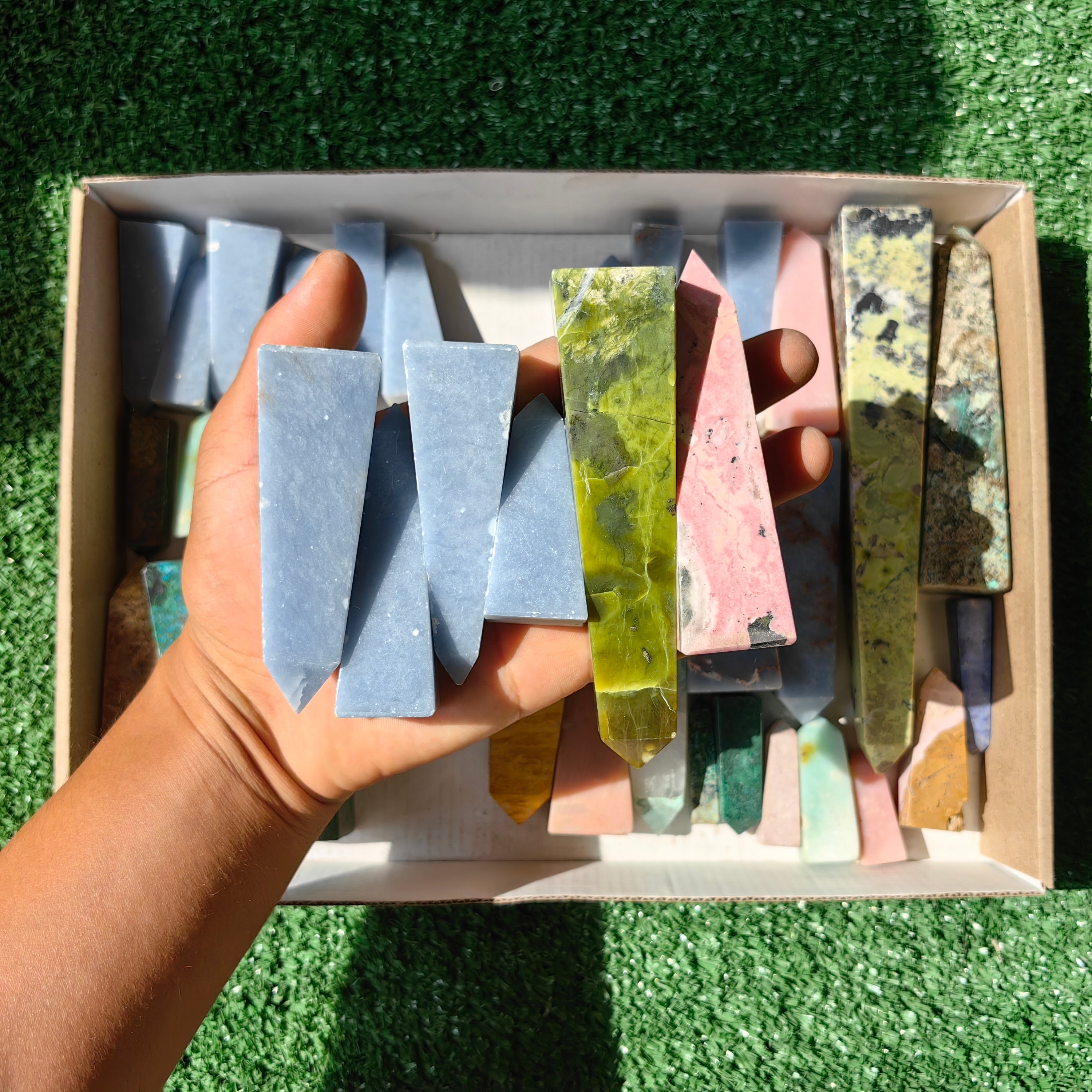 40 pc towers angelite, chrysocolla, pink opal & serpentine