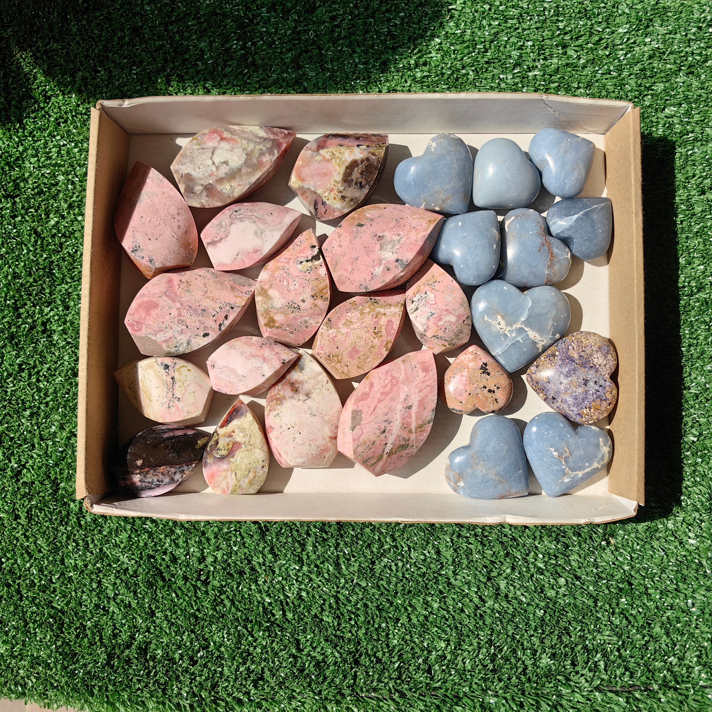 24 pc hearts & flames angelite, pink opal & rhodonite