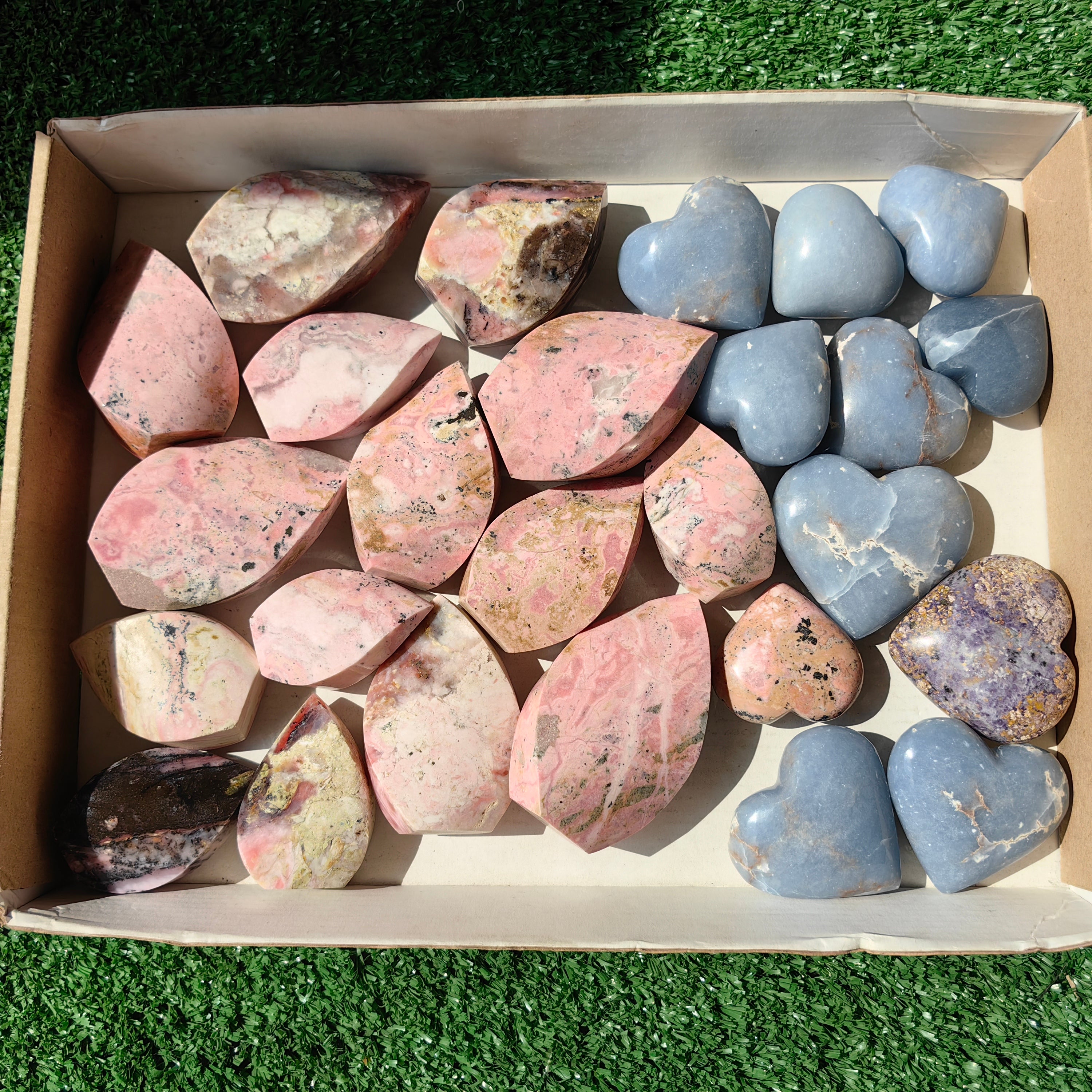 24 pc hearts & flames angelite, pink opal & rhodonite