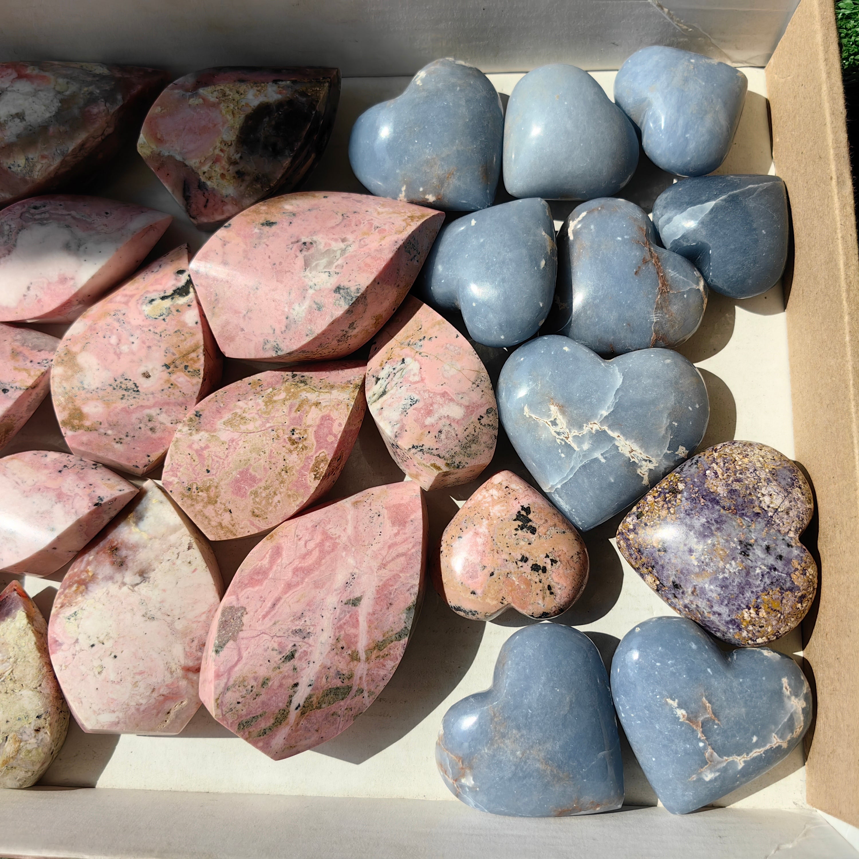 24 pc hearts & flames angelite, pink opal & rhodonite