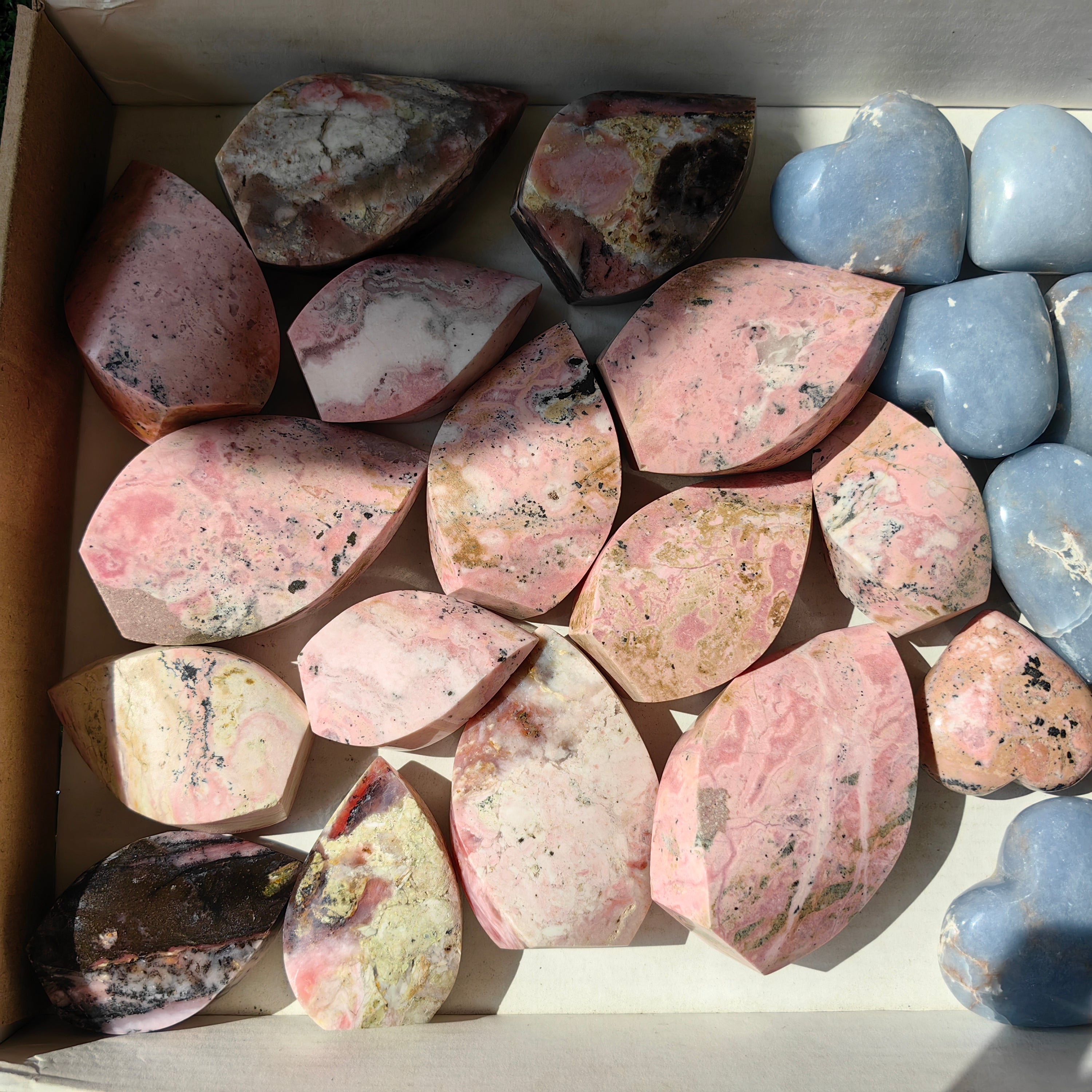 24 pc hearts & flames angelite, pink opal & rhodonite