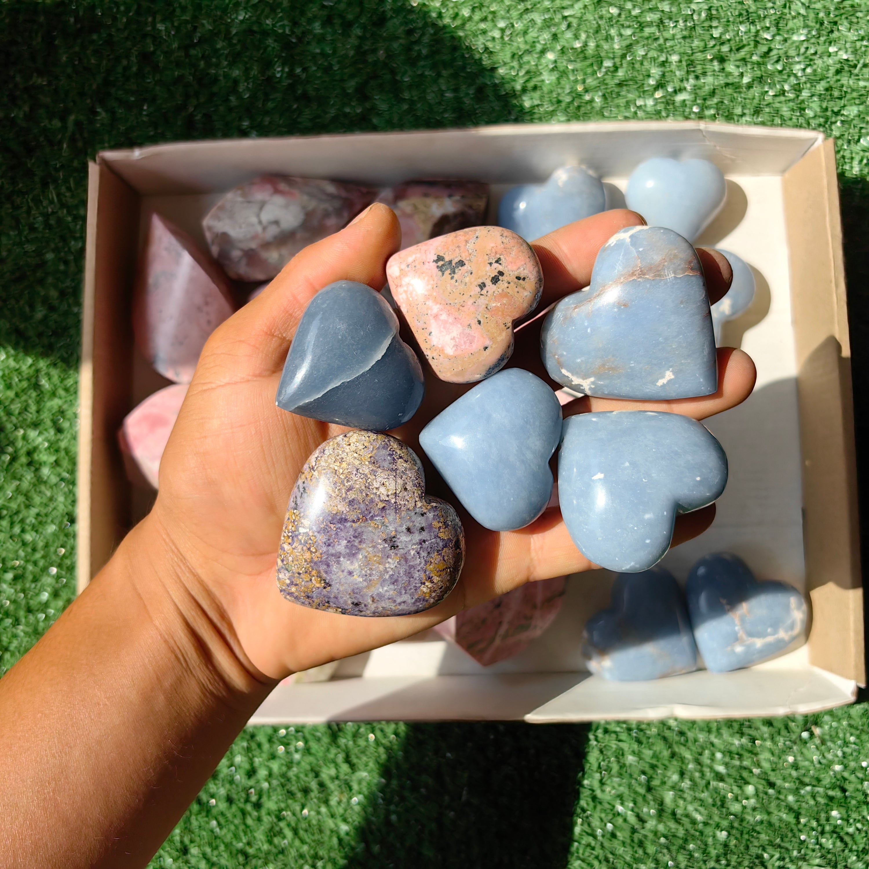 24 pc hearts & flames angelite, pink opal & rhodonite