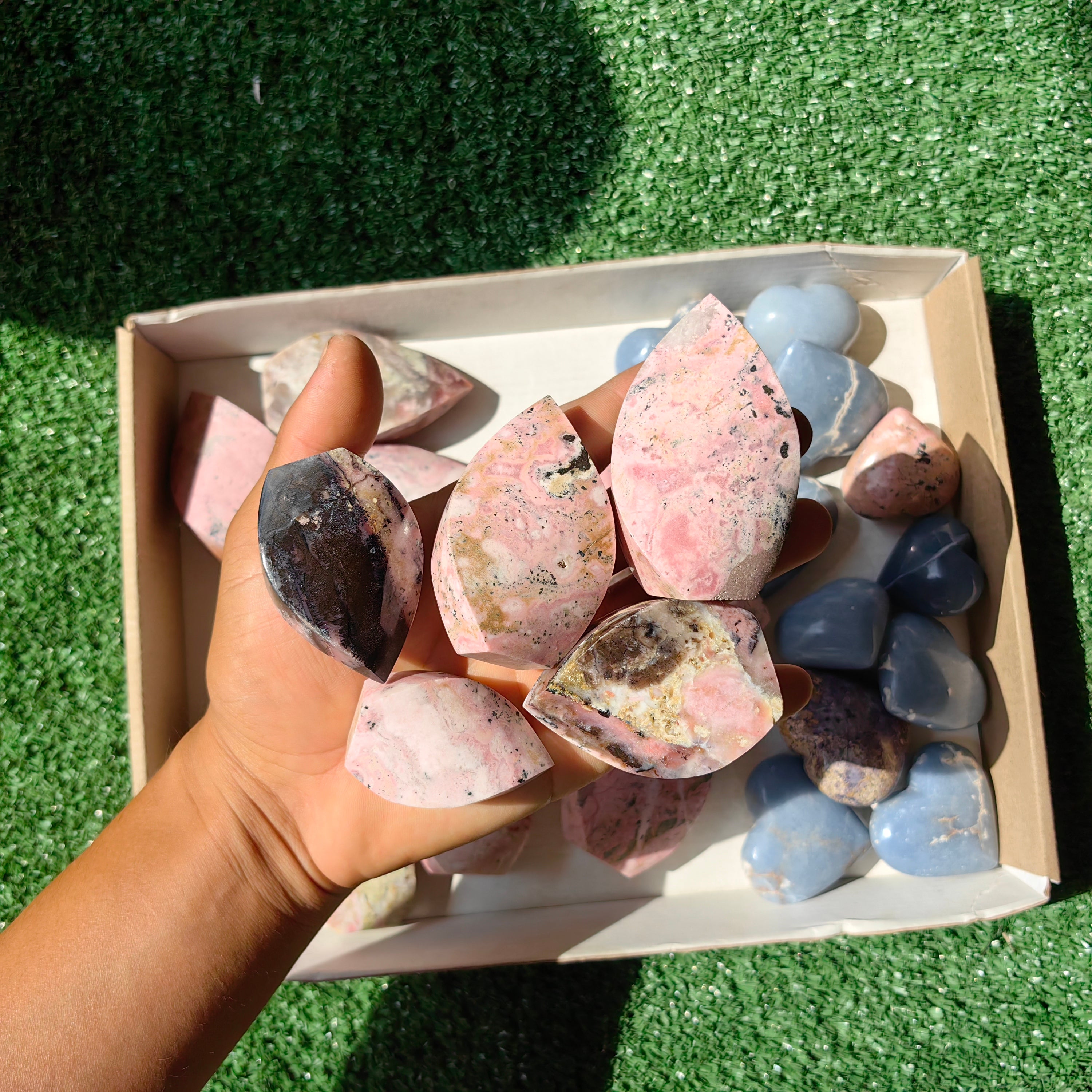 24 pc hearts & flames angelite, pink opal & rhodonite