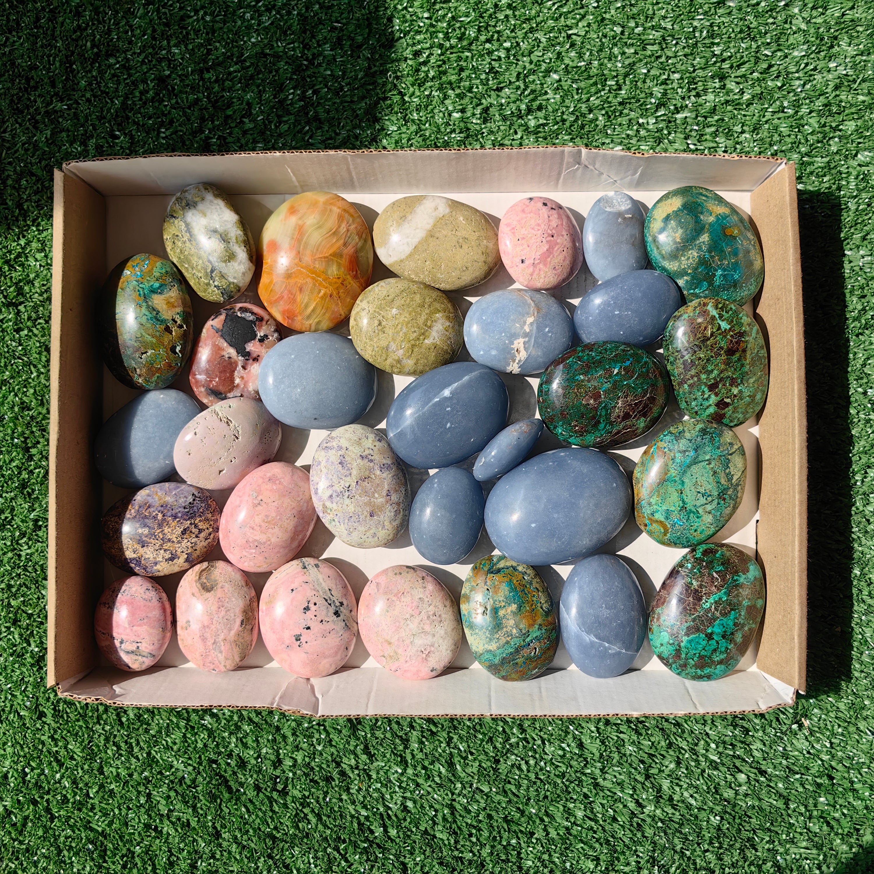 31 pc palms angelite, chrysocolla, epidote, rhodonite & pink opal