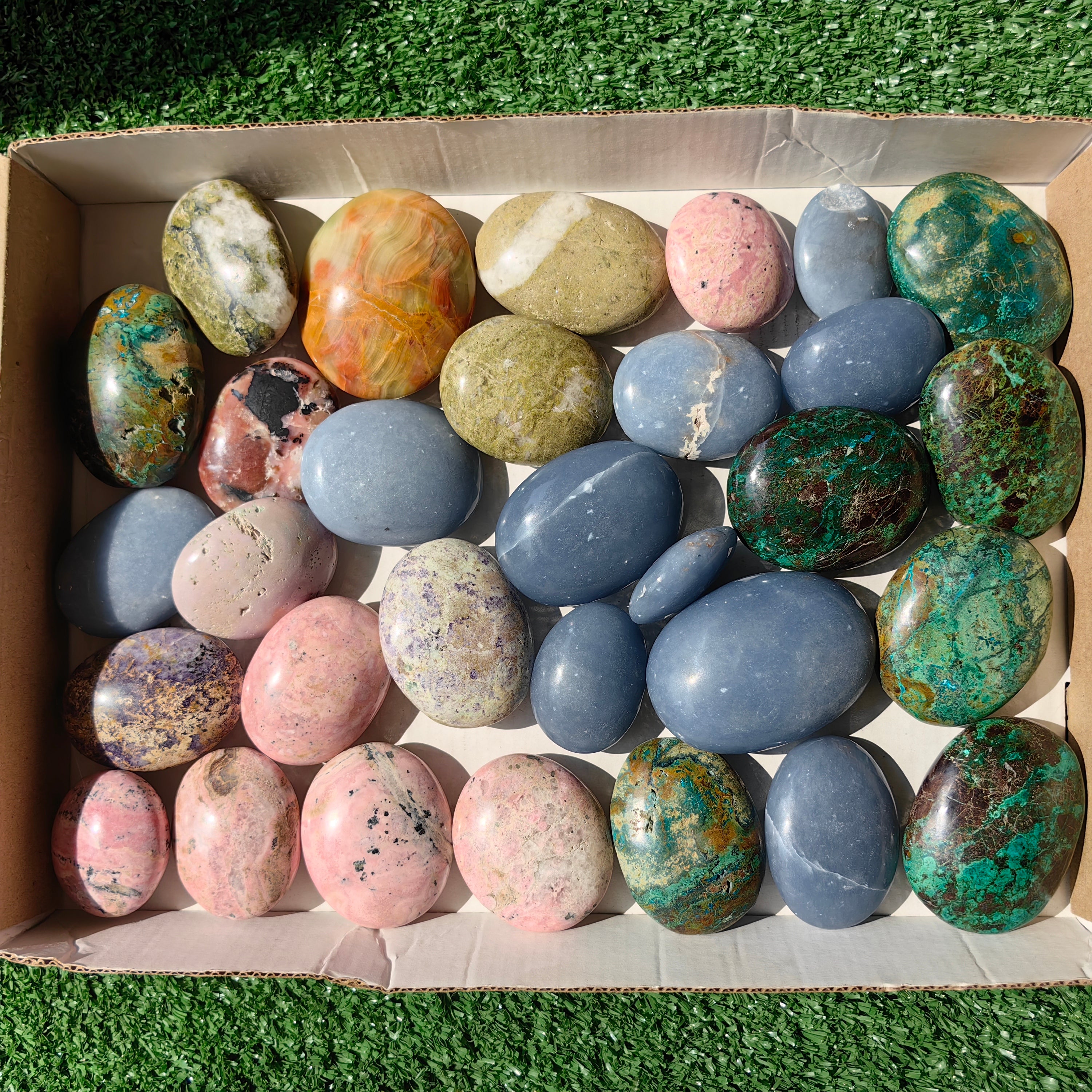 31 pc palms angelite, chrysocolla, epidote, rhodonite & pink opal
