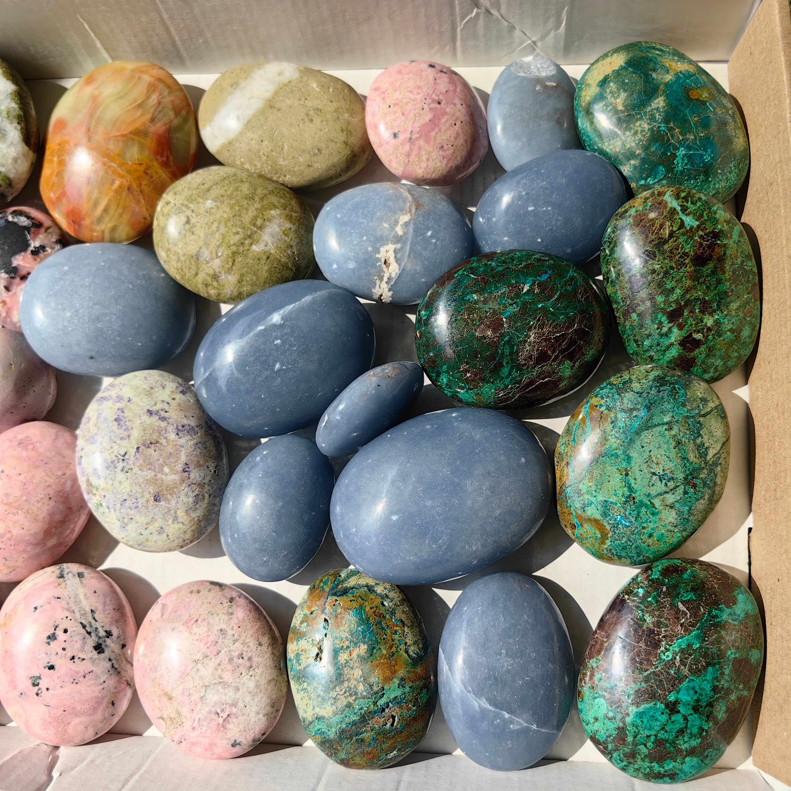 31 pc palms angelite, chrysocolla, epidote, rhodonite & pink opal