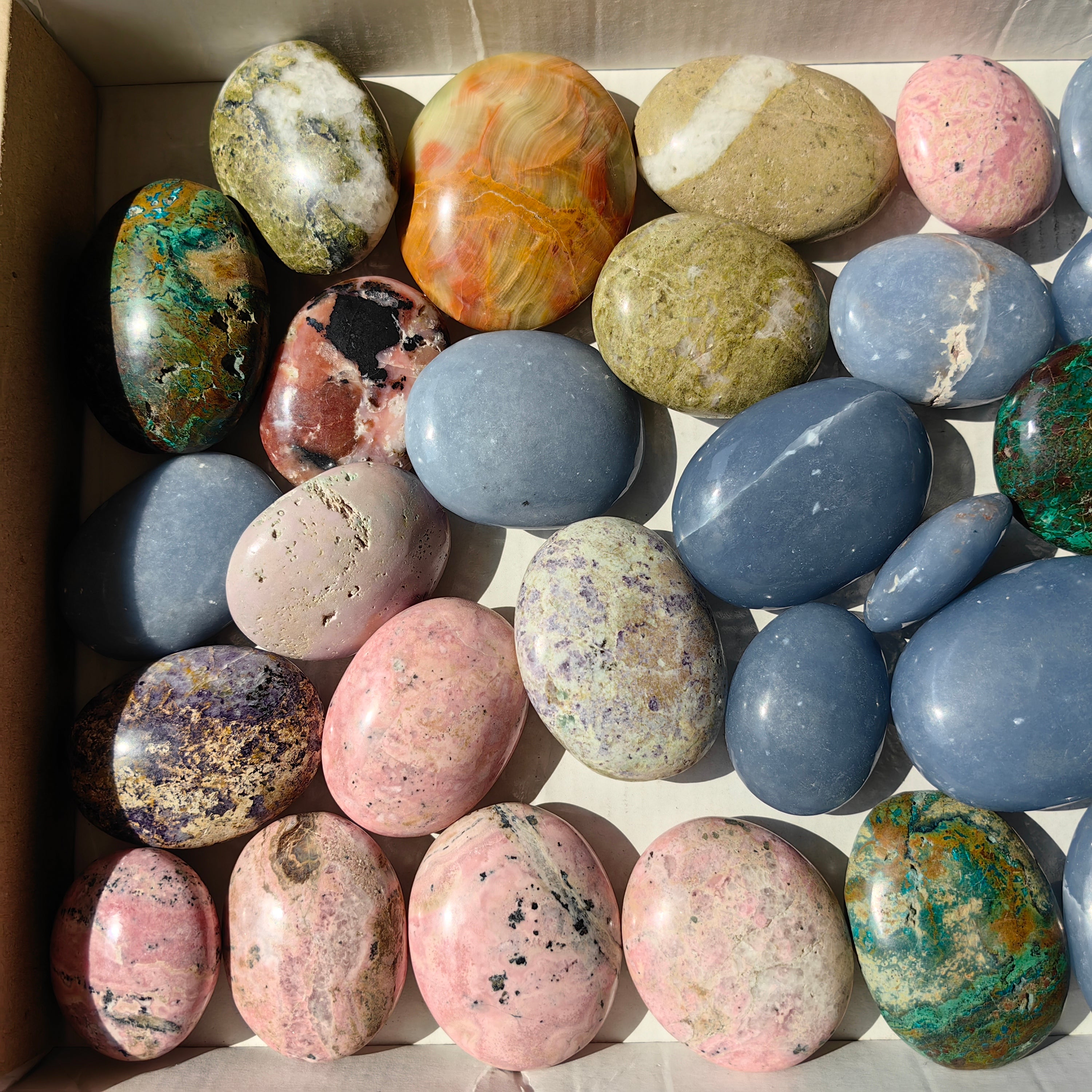 31 pc palms angelite, chrysocolla, epidote, rhodonite & pink opal