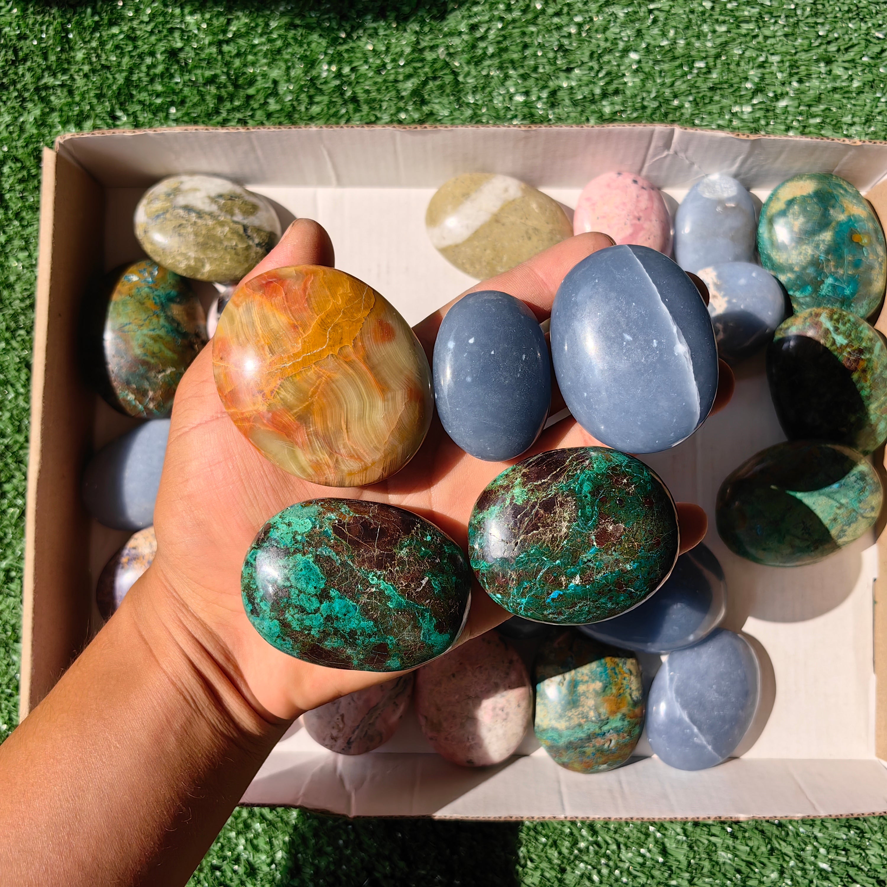 31 pc palms angelite, chrysocolla, epidote, rhodonite & pink opal