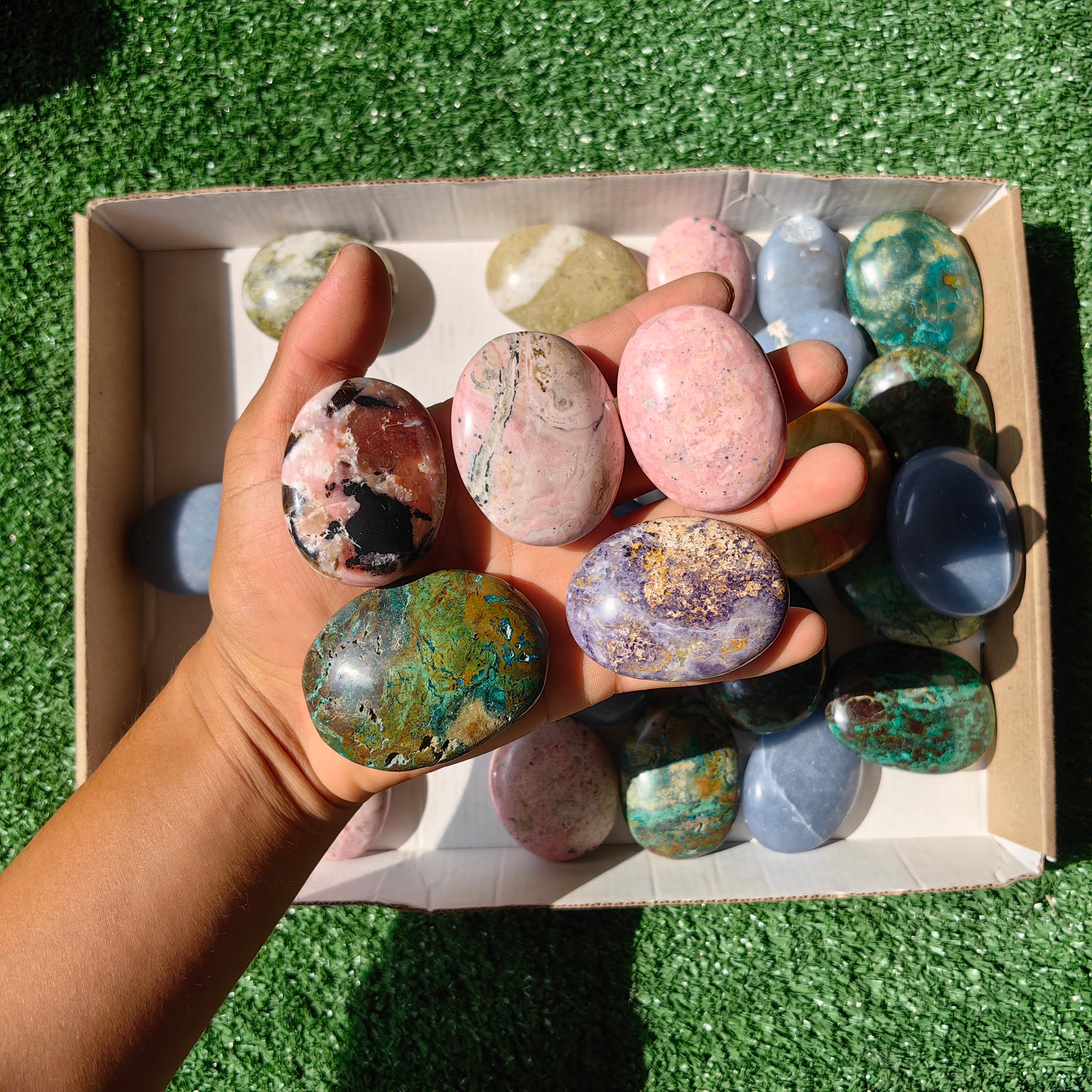 31 pc palms angelite, chrysocolla, epidote, rhodonite & pink opal