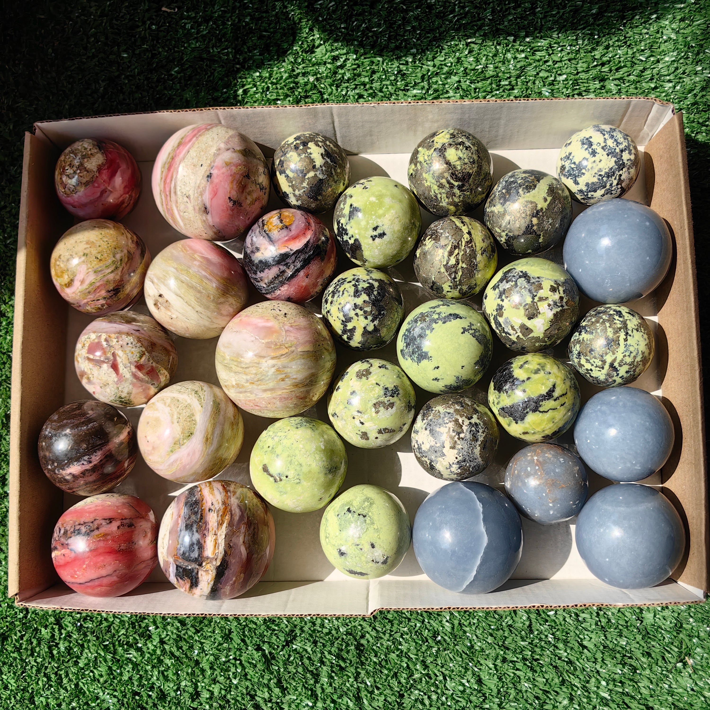 30 pc spheres serpetine angelite & pink opal