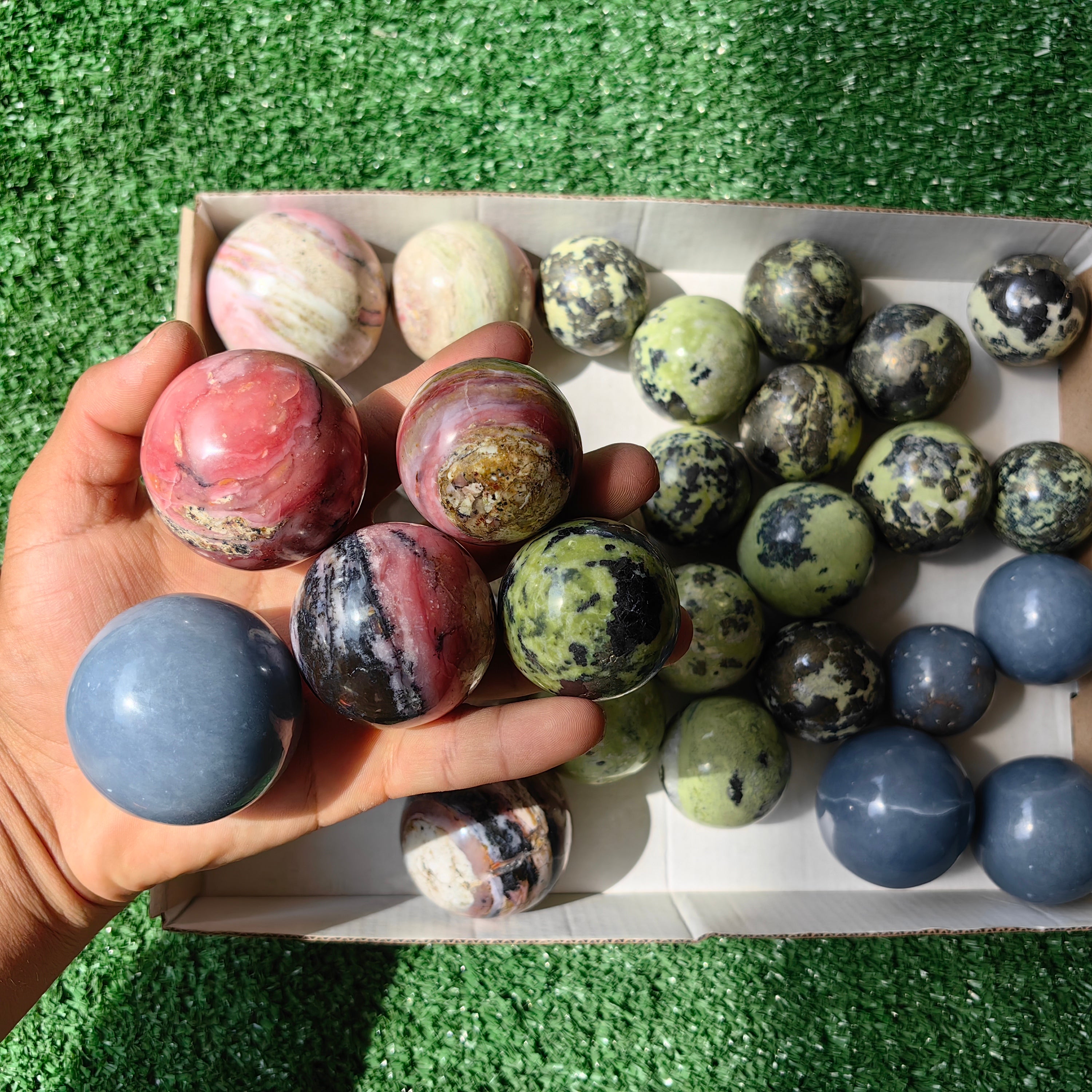 30 pc spheres serpetine angelite & pink opal