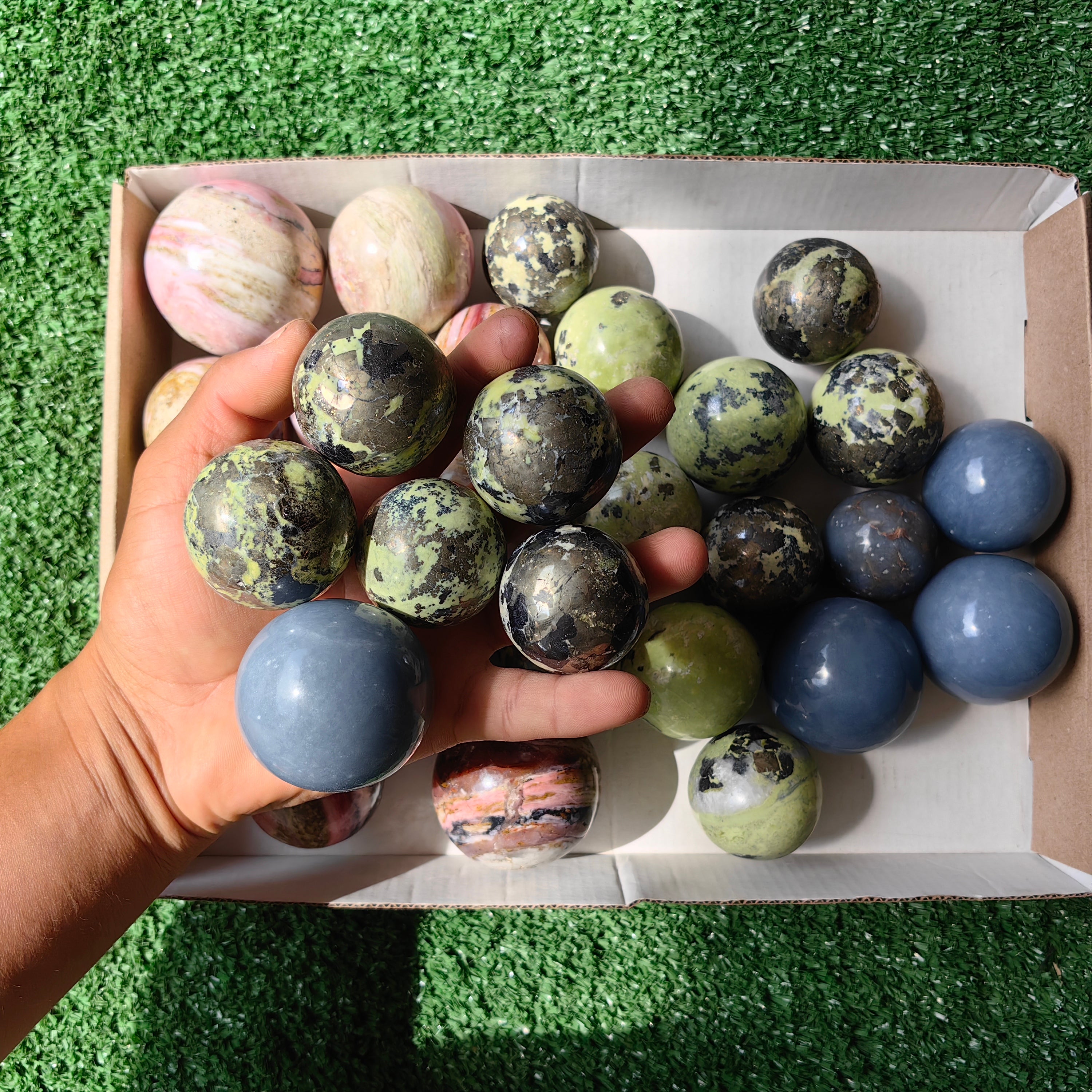 30 pc spheres serpetine angelite & pink opal