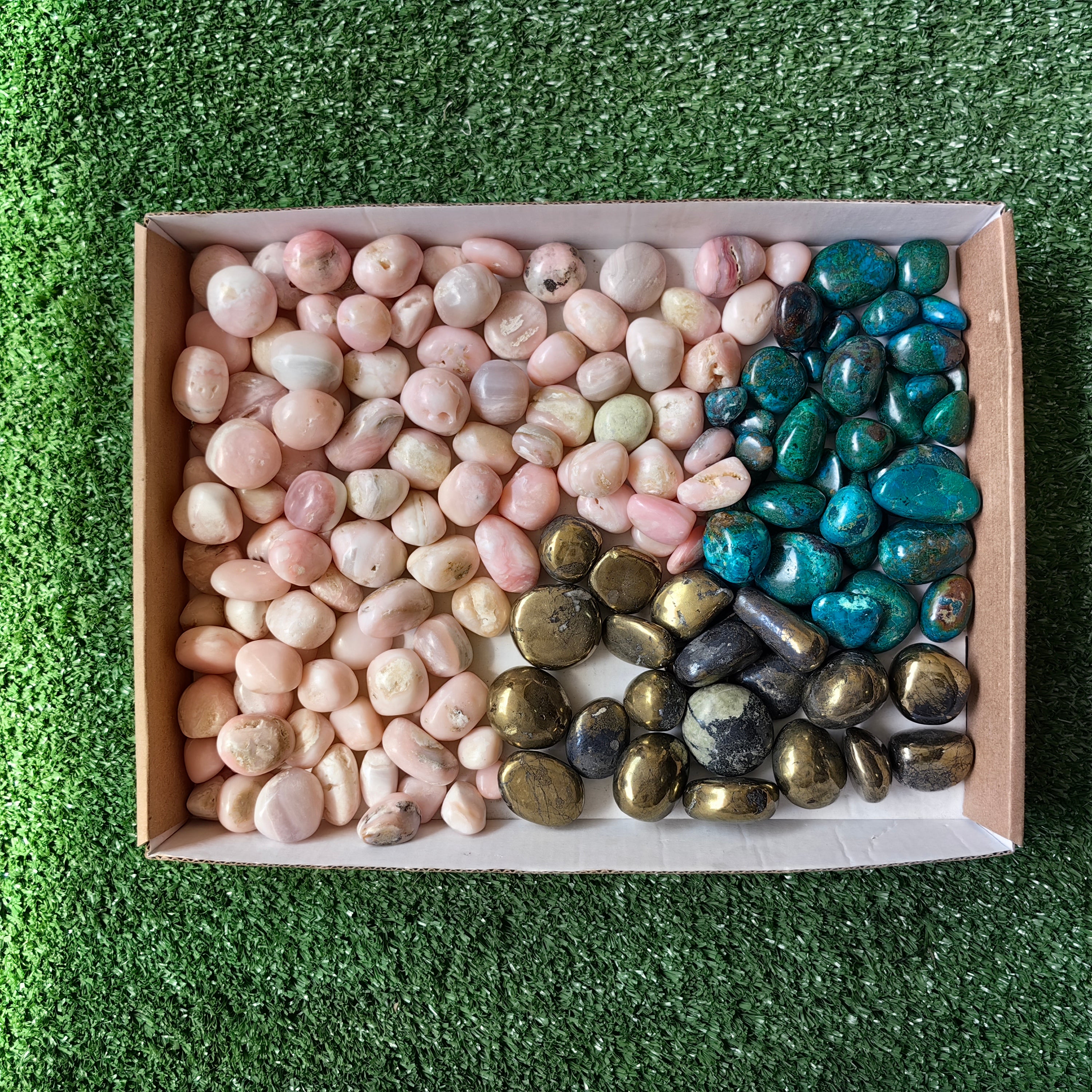 2 kg tumbled mixted pink opal chrysocolla and chalcopyrite