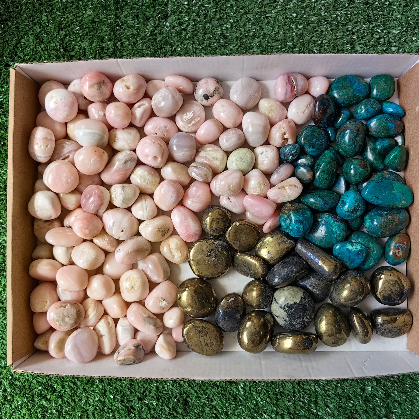 2 kg tumbled mixted pink opal chrysocolla and chalcopyrite