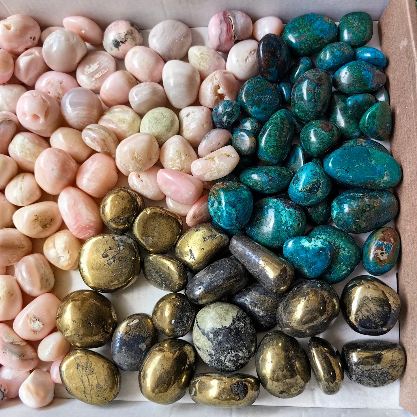2 kg tumbled mixted pink opal chrysocolla and chalcopyrite