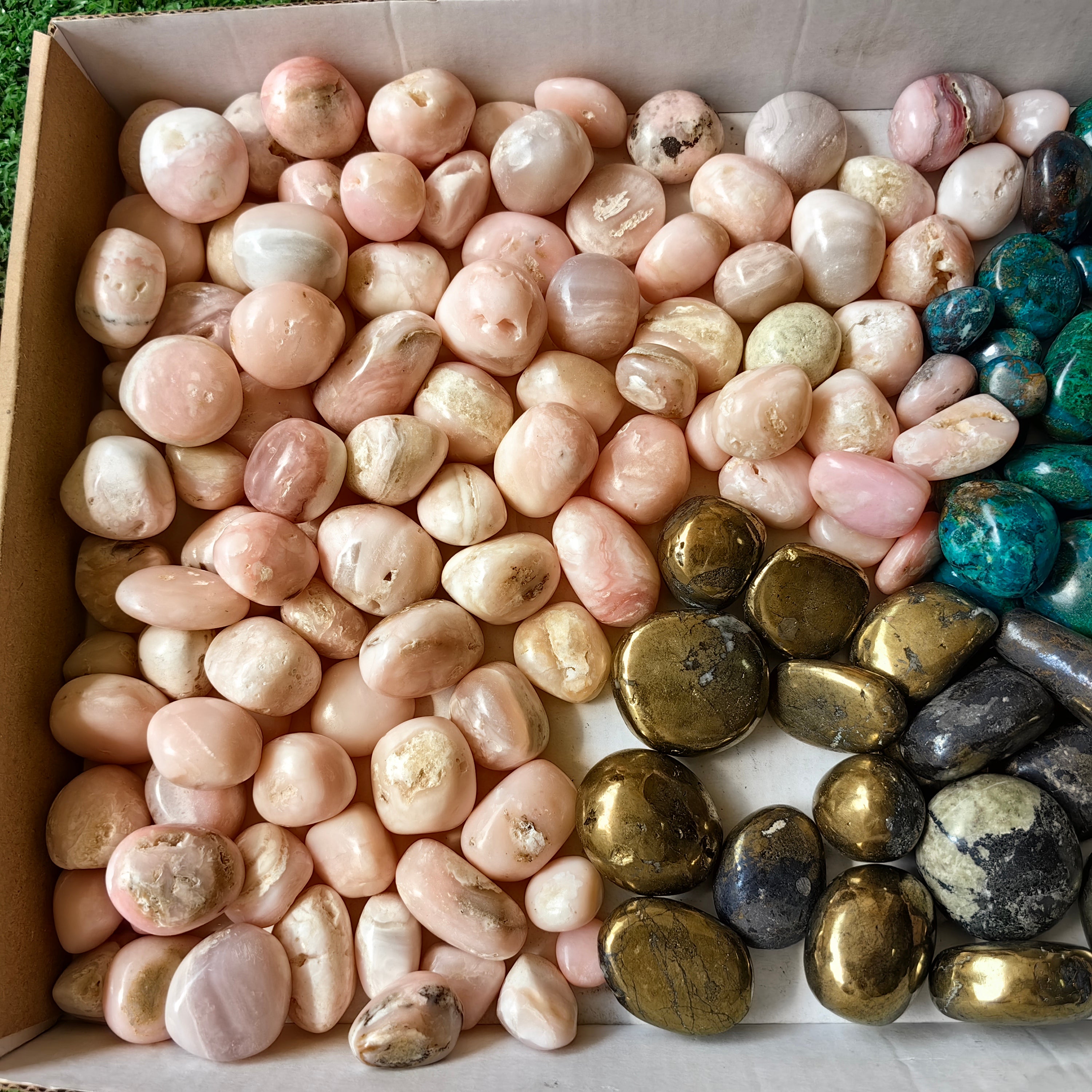 2 kg tumbled mixted pink opal chrysocolla and chalcopyrite