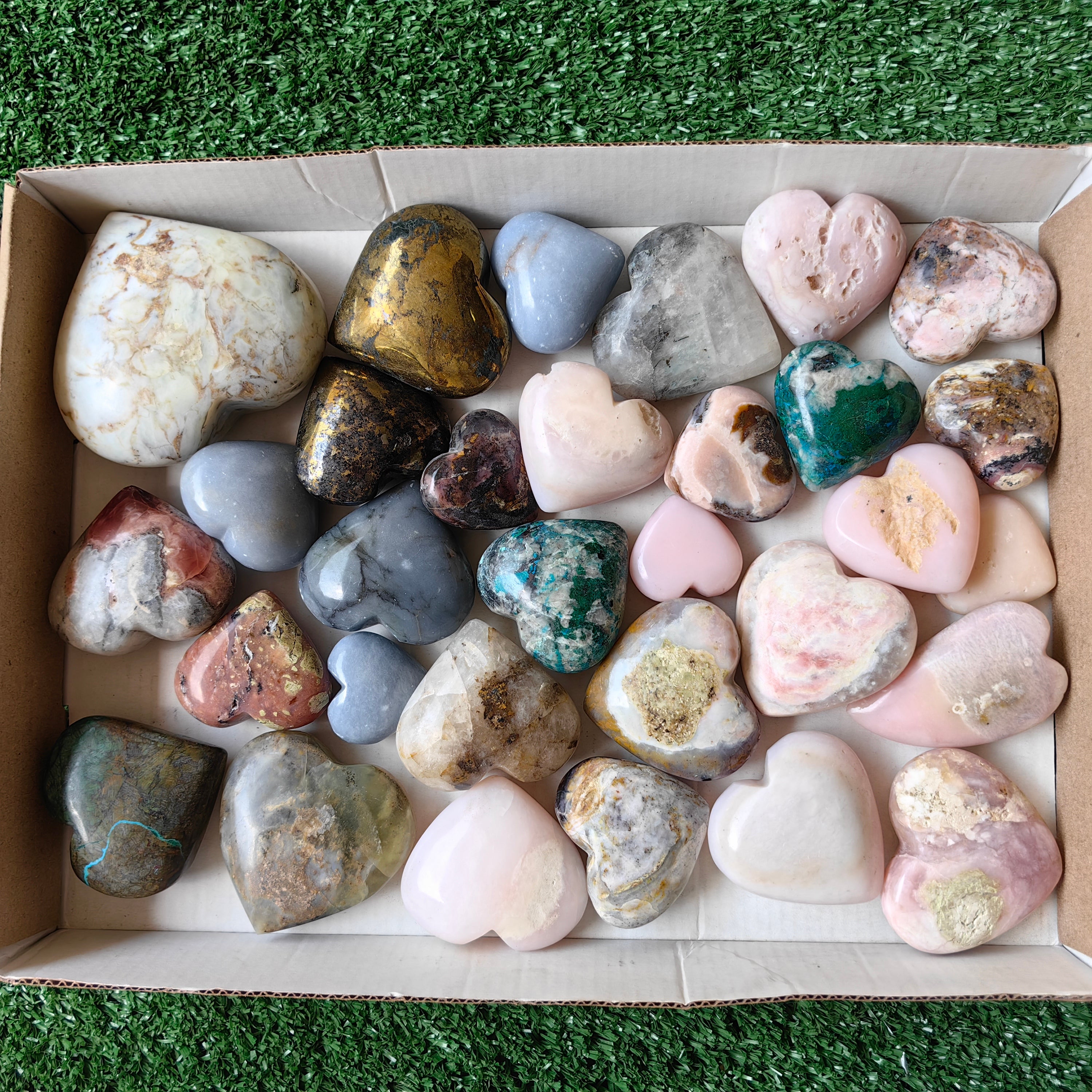 31 pc hearts of blue opal pink opal chalcopyrite chrysocolla angelite