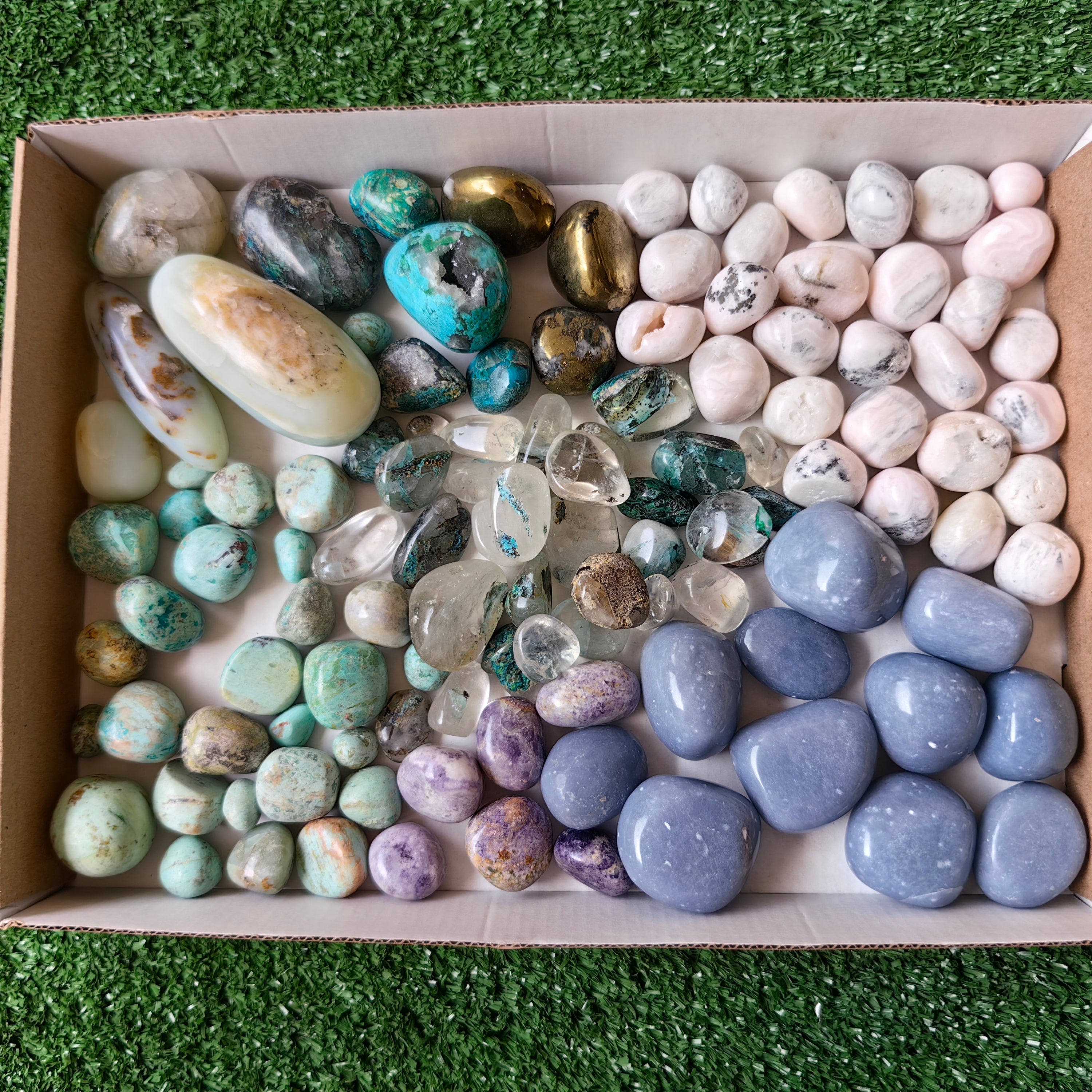 2 kg tumbled mixted angelite / mangano calcite / opal / bolivianite / chalcopyrite / chrysocolla