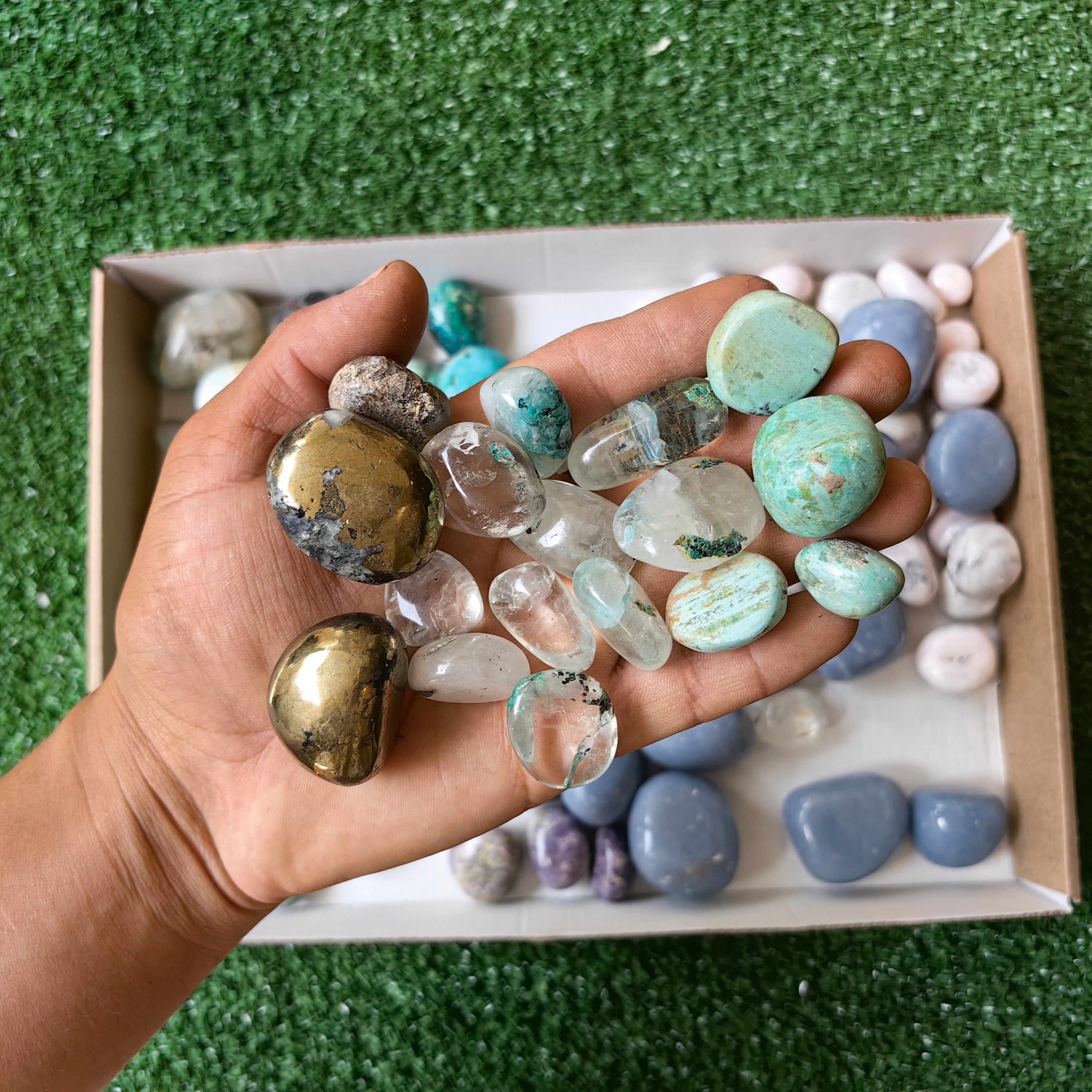 2 kg tumbled mixted angelite / mangano calcite / opal / bolivianite / chalcopyrite / chrysocolla