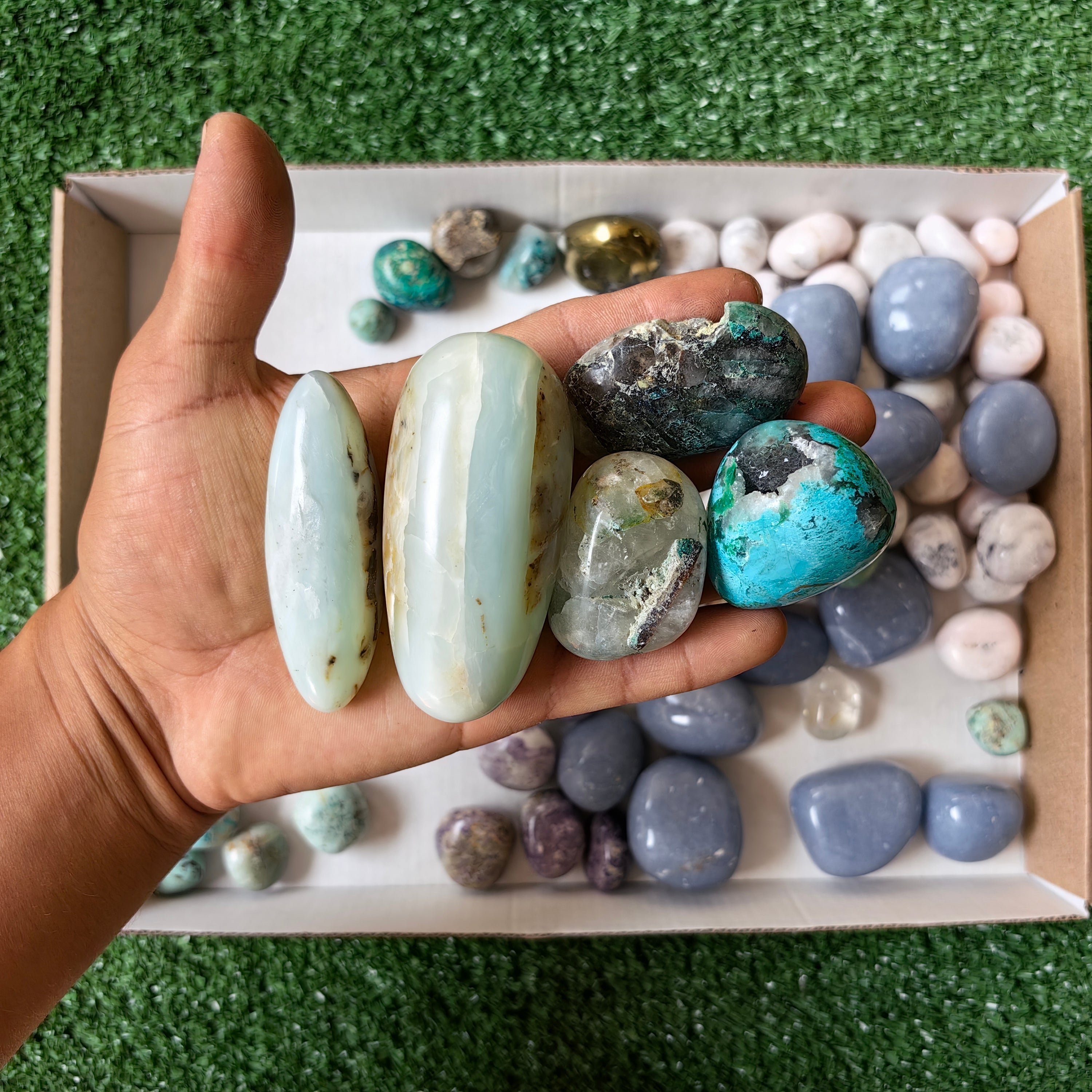 2 kg tumbled mixted angelite / mangano calcite / opal / bolivianite / chalcopyrite / chrysocolla