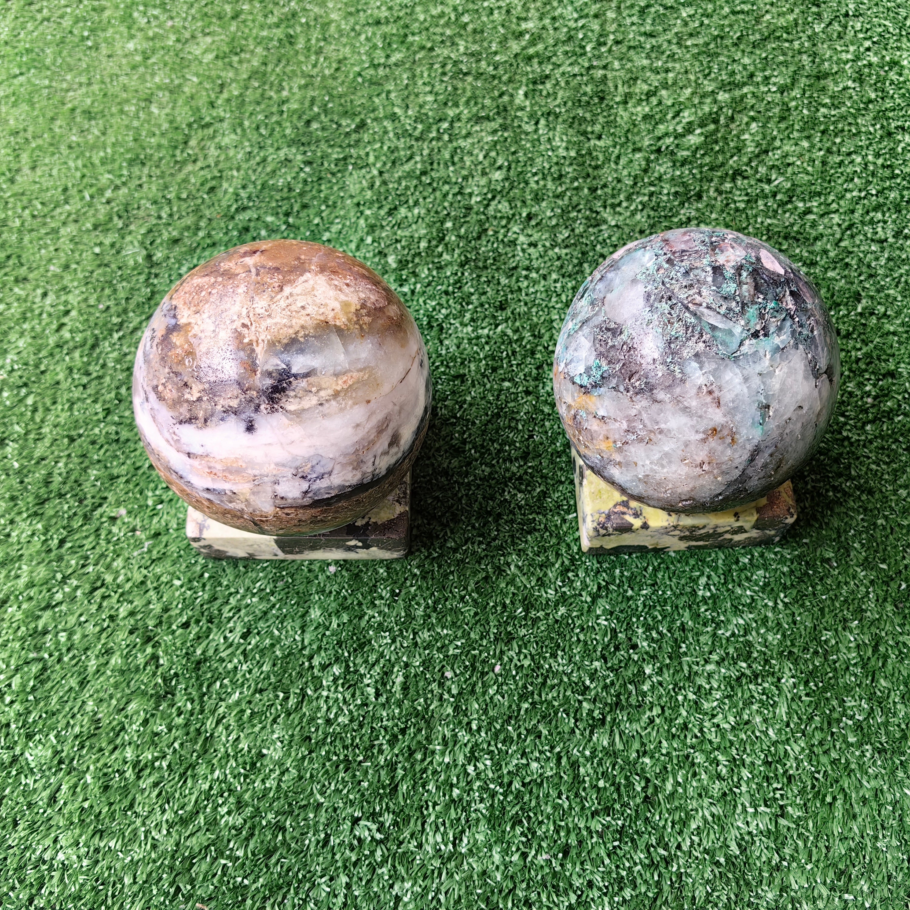 2 pcs Andean Opal, Chysoquartz Sphere with Base