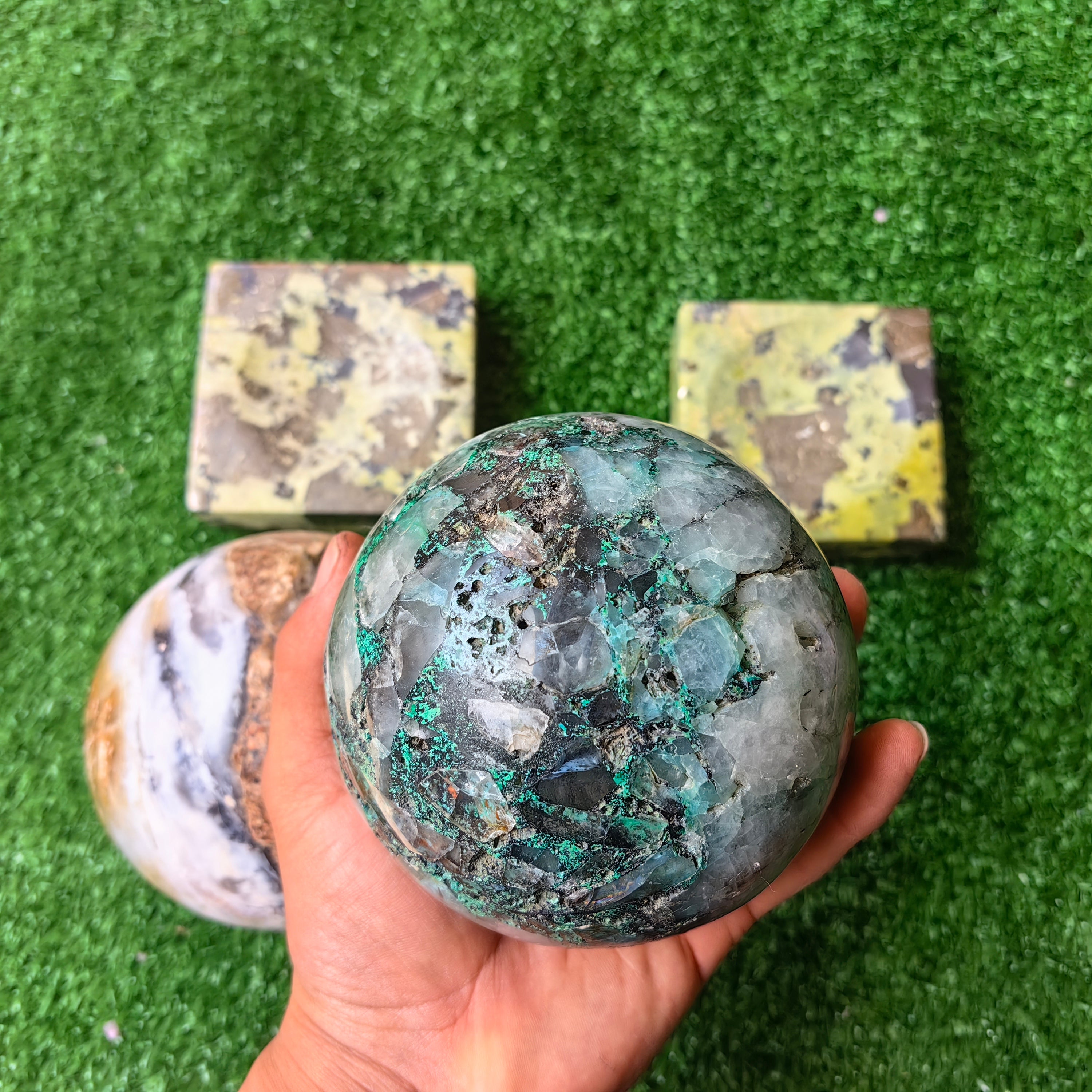 2 pcs Andean Opal, Chysoquartz Sphere with Base