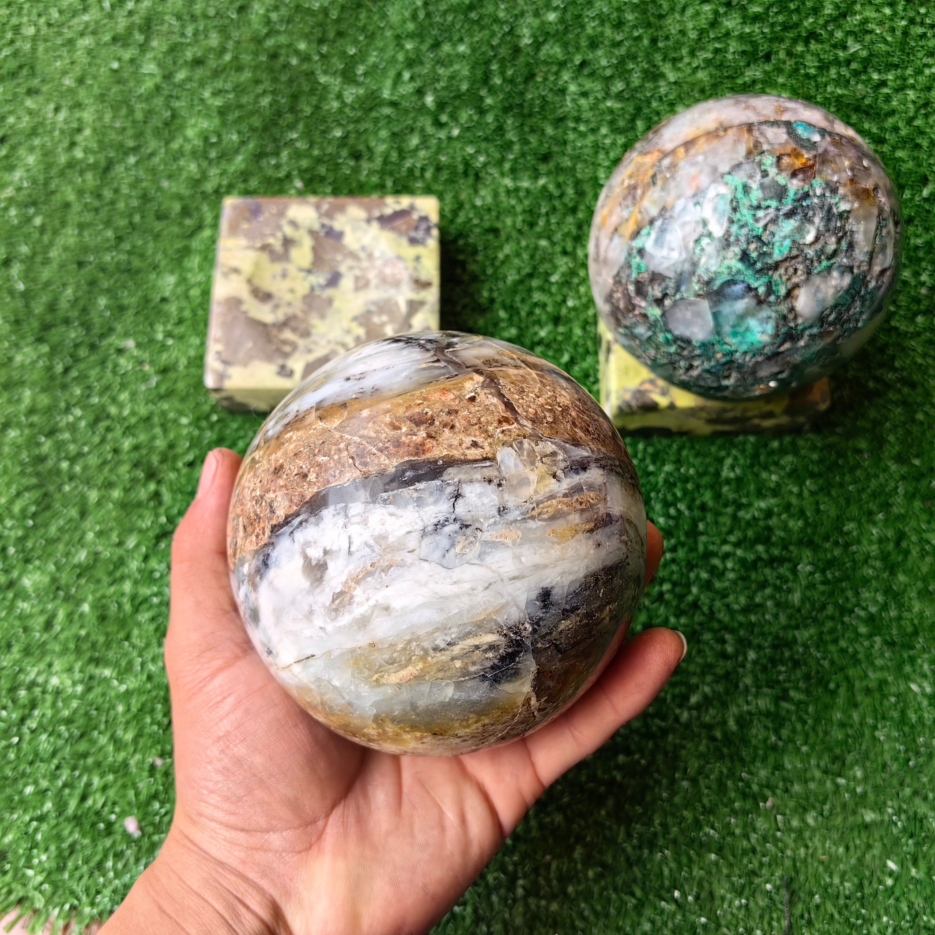 2 pcs Andean Opal, Chysoquartz Sphere with Base