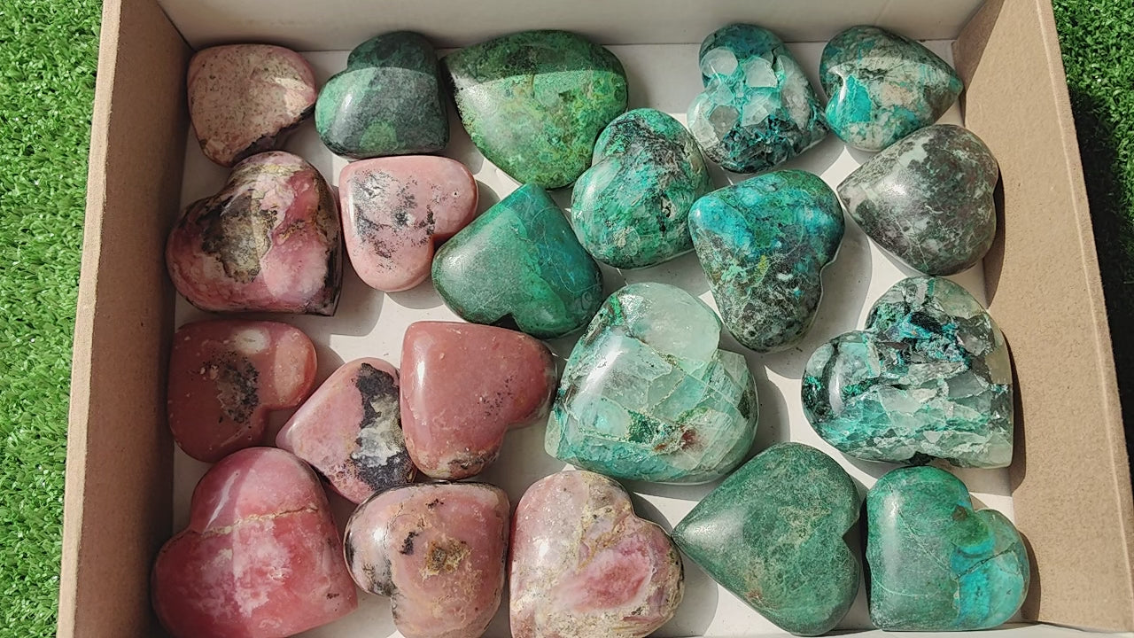 Load video: 21 pc pink opal & chrysocolla on quartz hearts