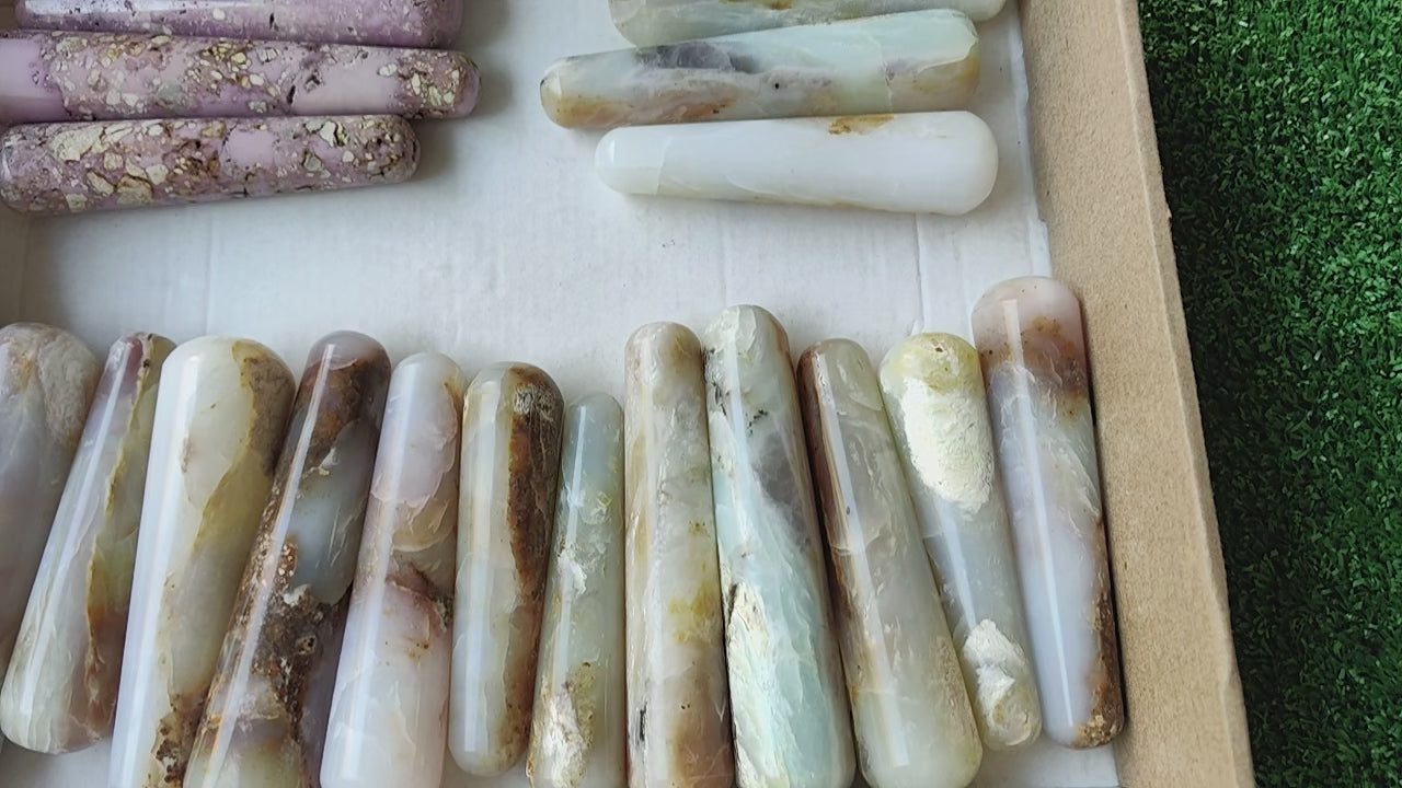 Load video: 19 pc phosphosiderite & blue opal wands massage
