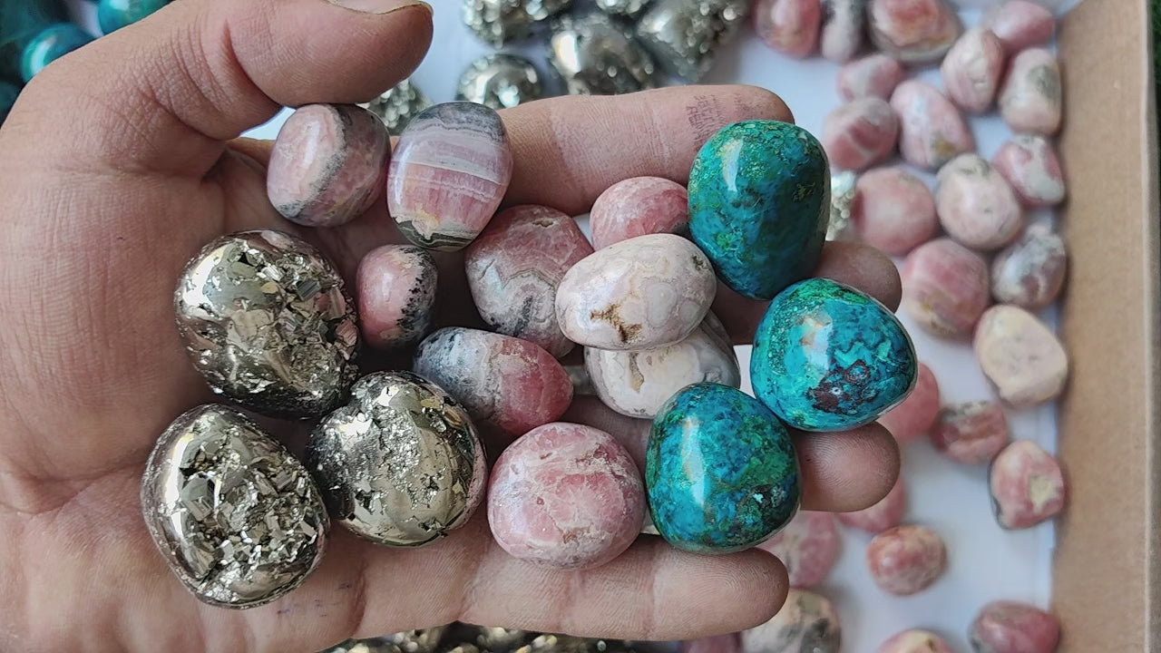 Load video: Tumbled Chrysocolla Pyrite Rhodochrosite