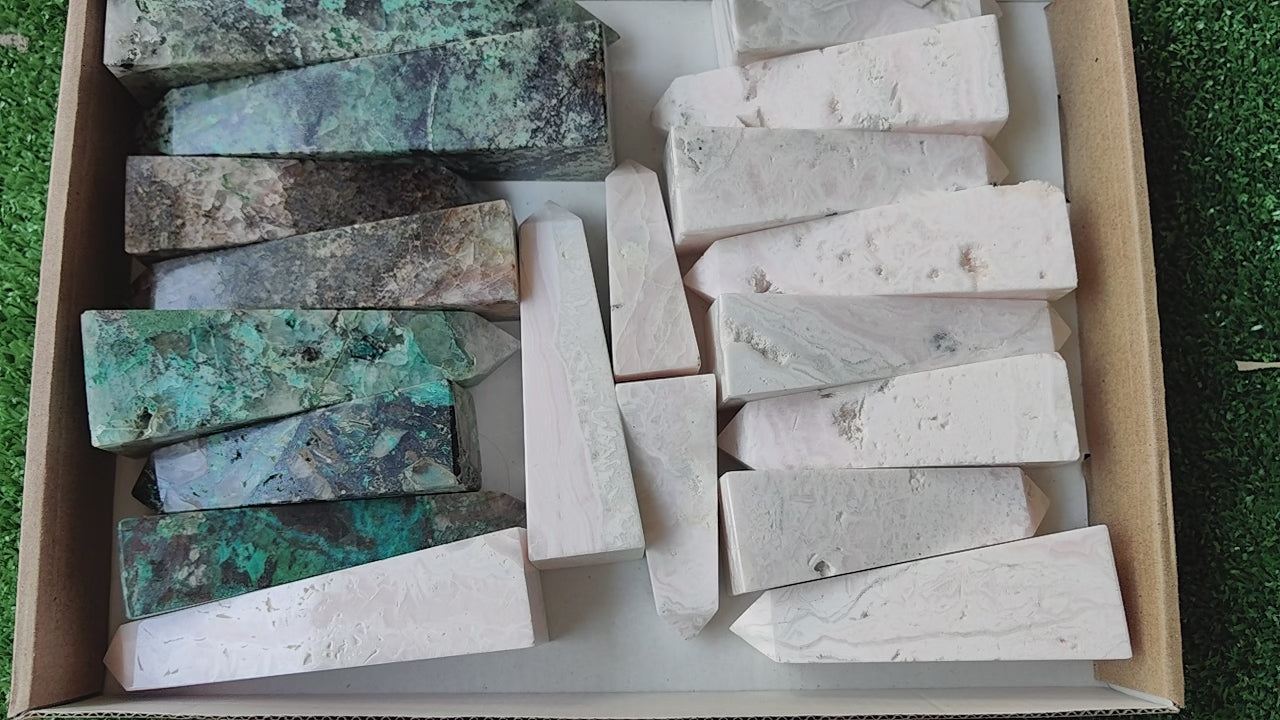 Load video: 19 pc chrysocolla quartz & mangano towers