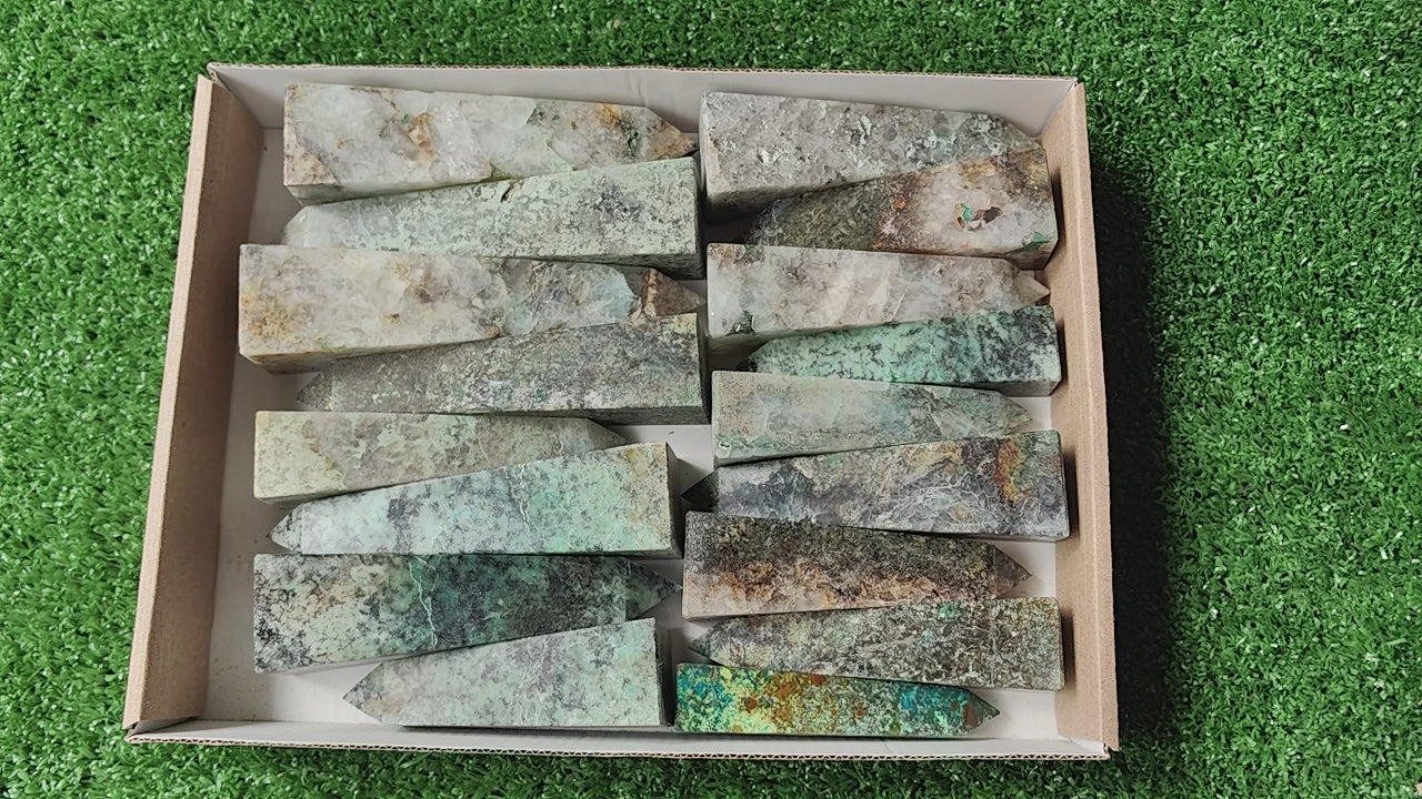 Load video: 17 pc chrysocolla quartz towers
