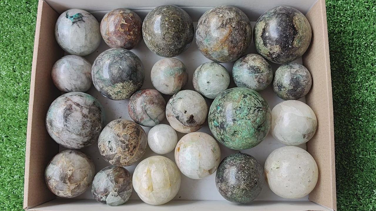 Load video: 24 pcs Chrysocolla quartz sphere