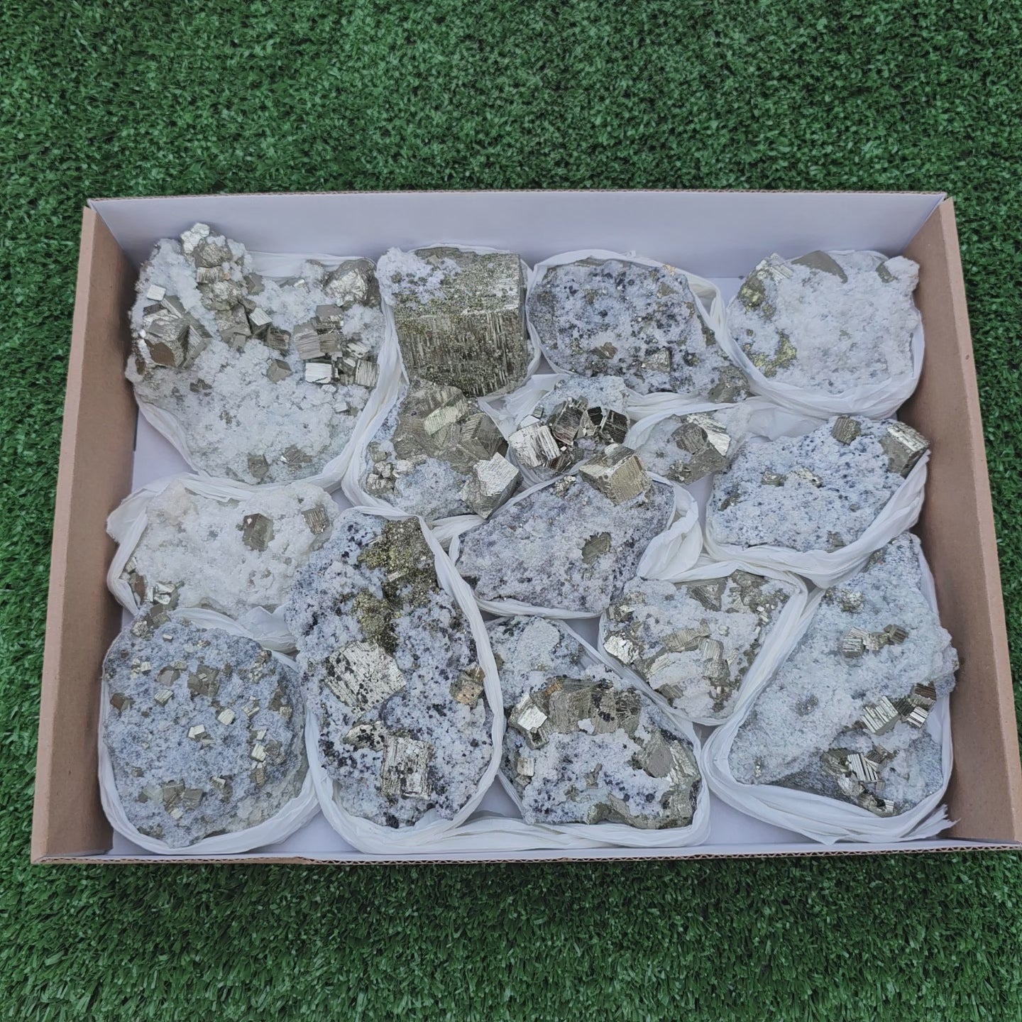 Load video: 15 pc Pyrite Cubic with calcite flourecent