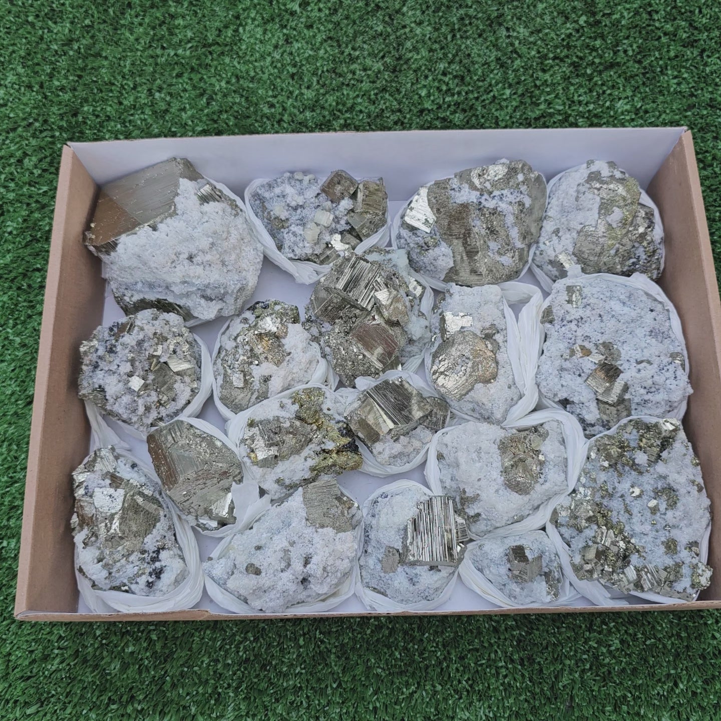 Load video: 18 pc Pyrite Cubic with calcite flourecent