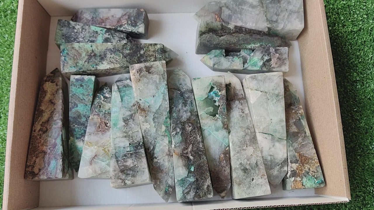 Load video: 16 pc chrysocolla quartz towers