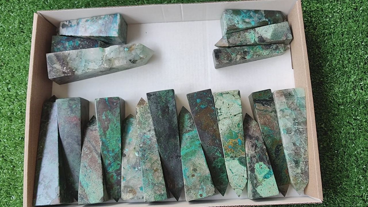 Load video: 19 pc chrysocolla quartz towers