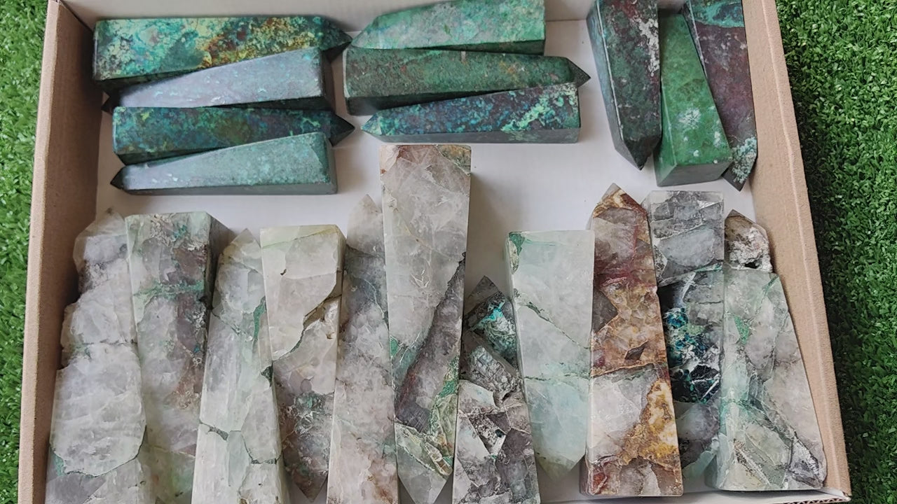 Load video: 21 pc chrysocolla quartz & chrysocolla towers
